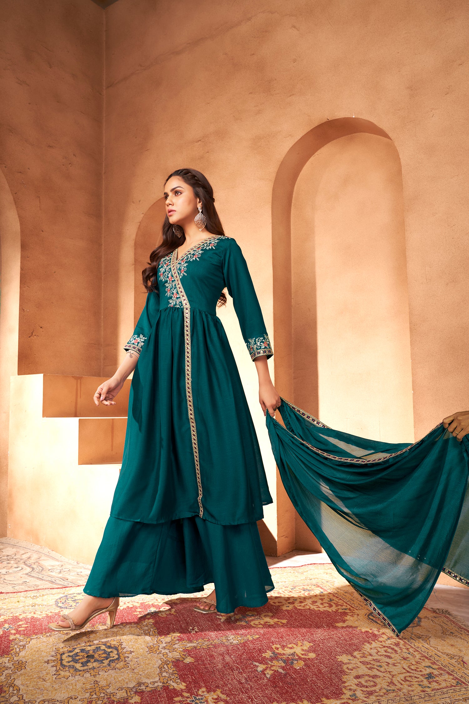 Teal Blue Embroidered Three- Piece Kurta Set In Chinon Fabric image 4
