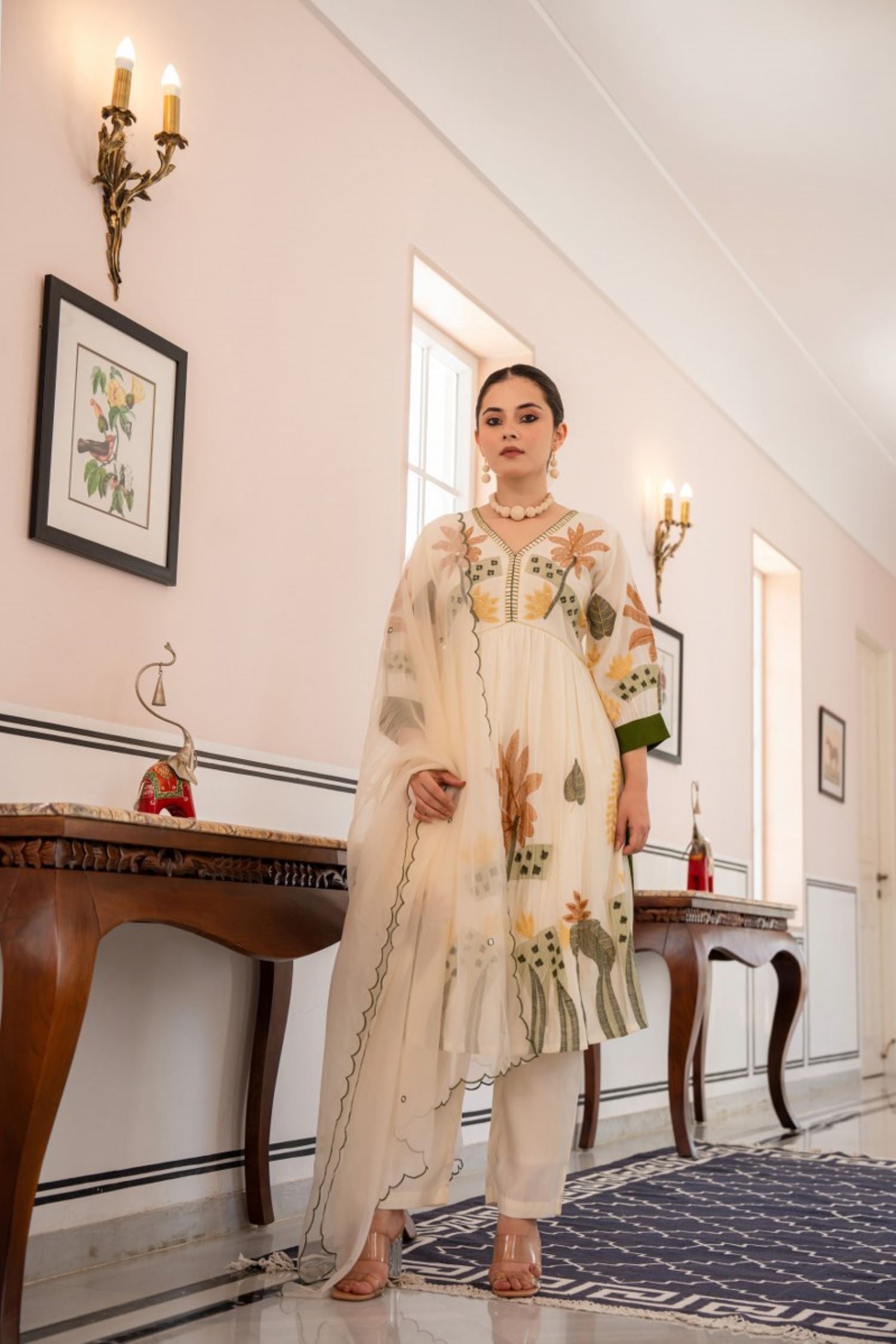 Off-white Floral Embroidered Straight Kurta Suit With Dupatta image 5