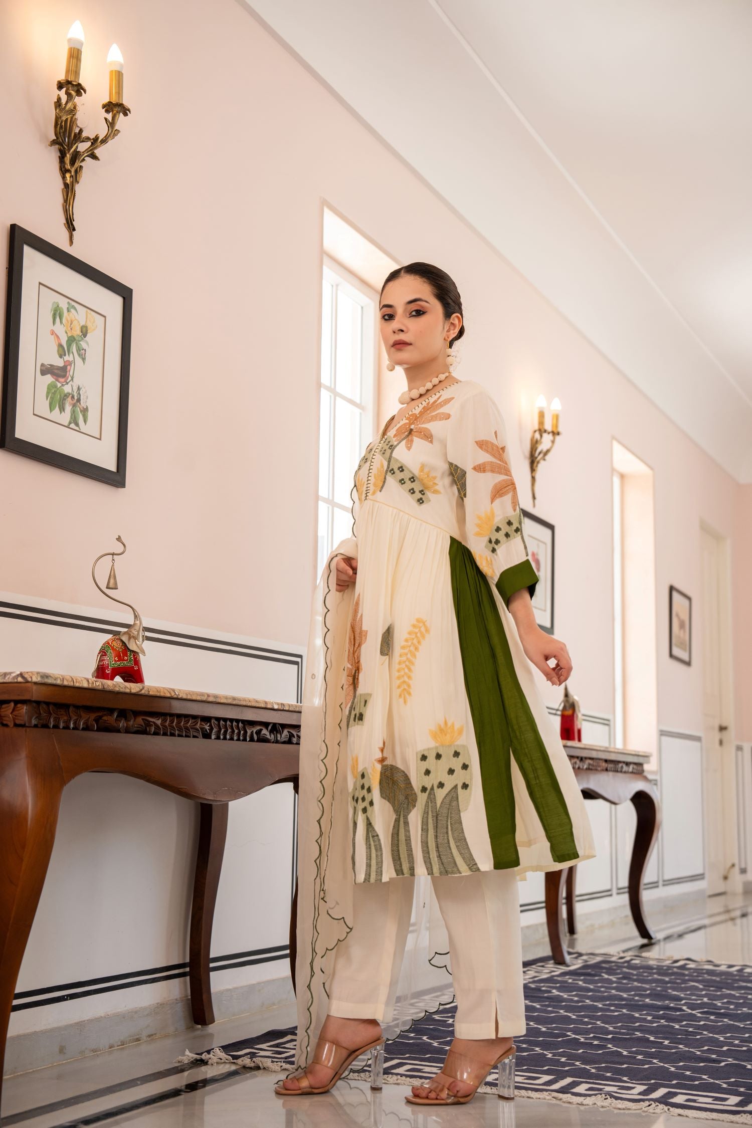 Off-white Floral Embroidered Straight Kurta Suit With Dupatta image 7