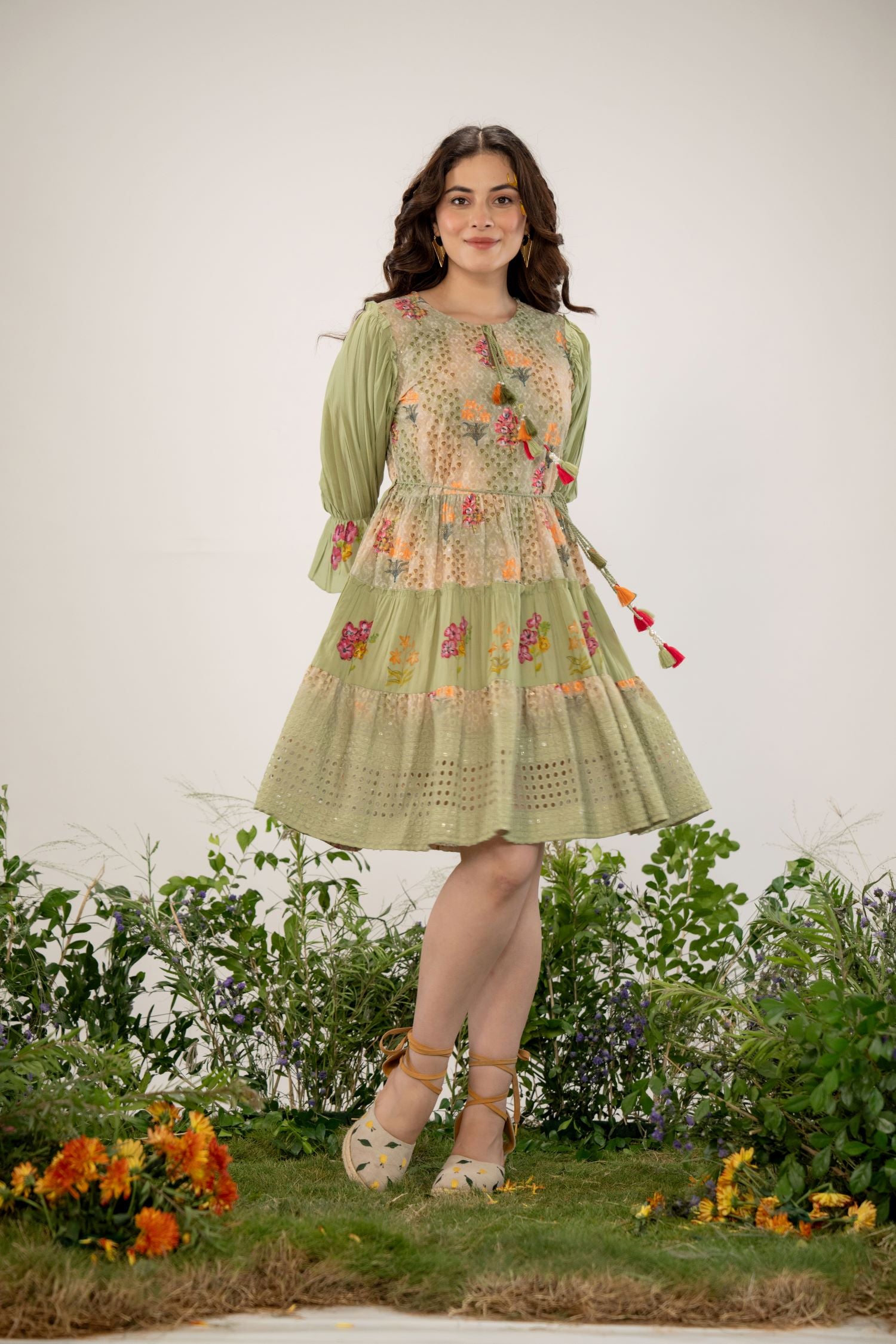 Freyaa Green Cotton Round-neck Tunic Top With Embroidery, Net Design, And Belt image 7