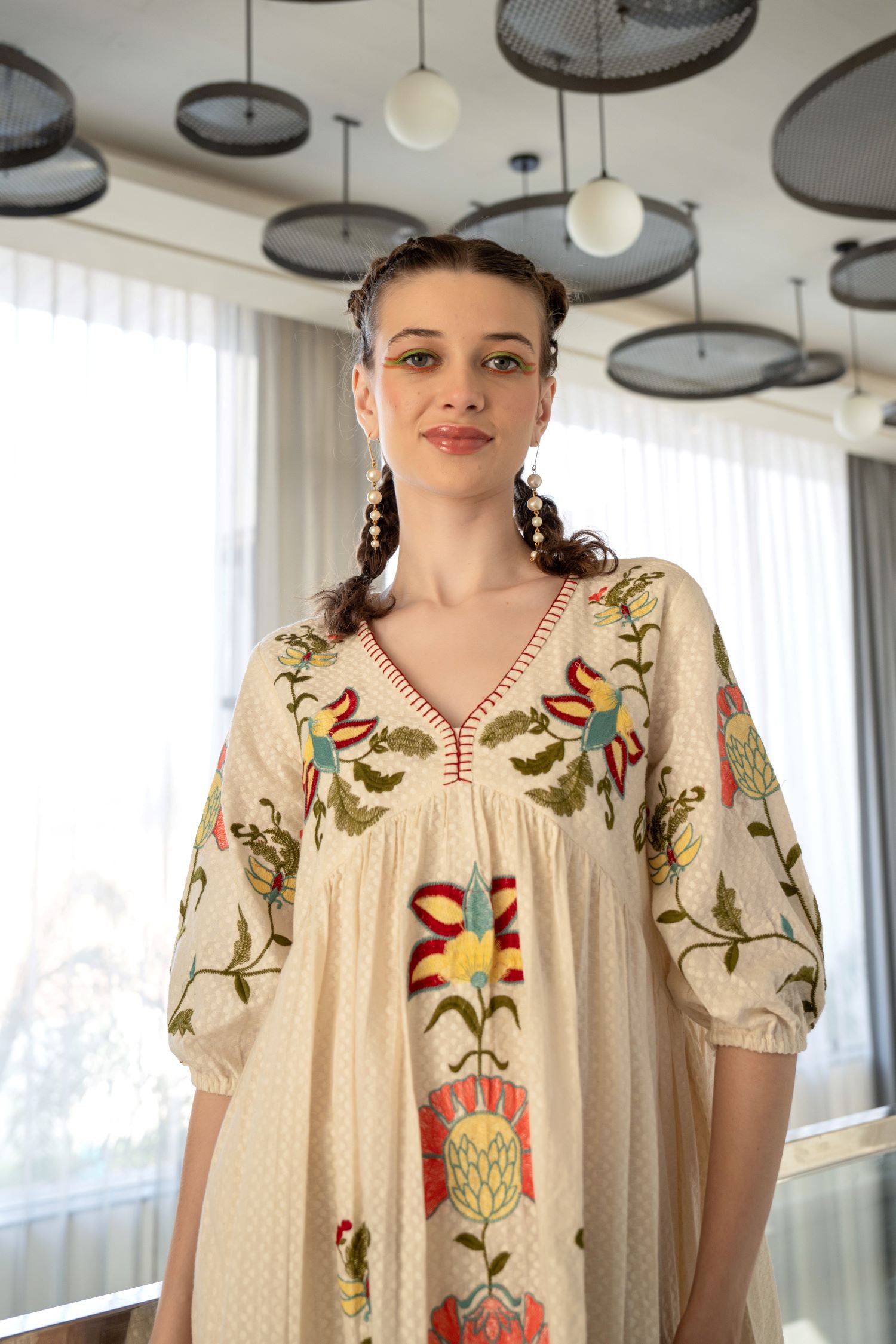 Freyaa Cream Cotton V-neck Tunic Top With Floral Embroidery And Self-design Fabric image 7