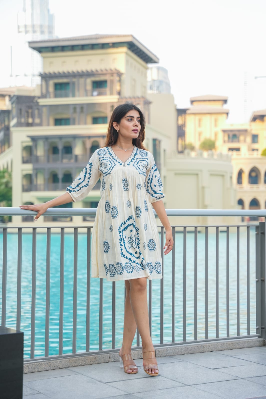 Snow Blue: Blue Embroidered Short Tunic Dress image 5