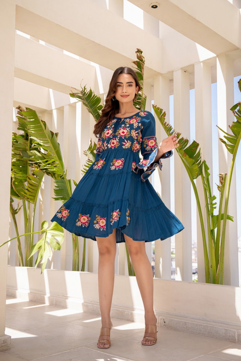 Rocky Glow:teal Blue Bell Sleeves Embroidered Tunic Dress image 7
