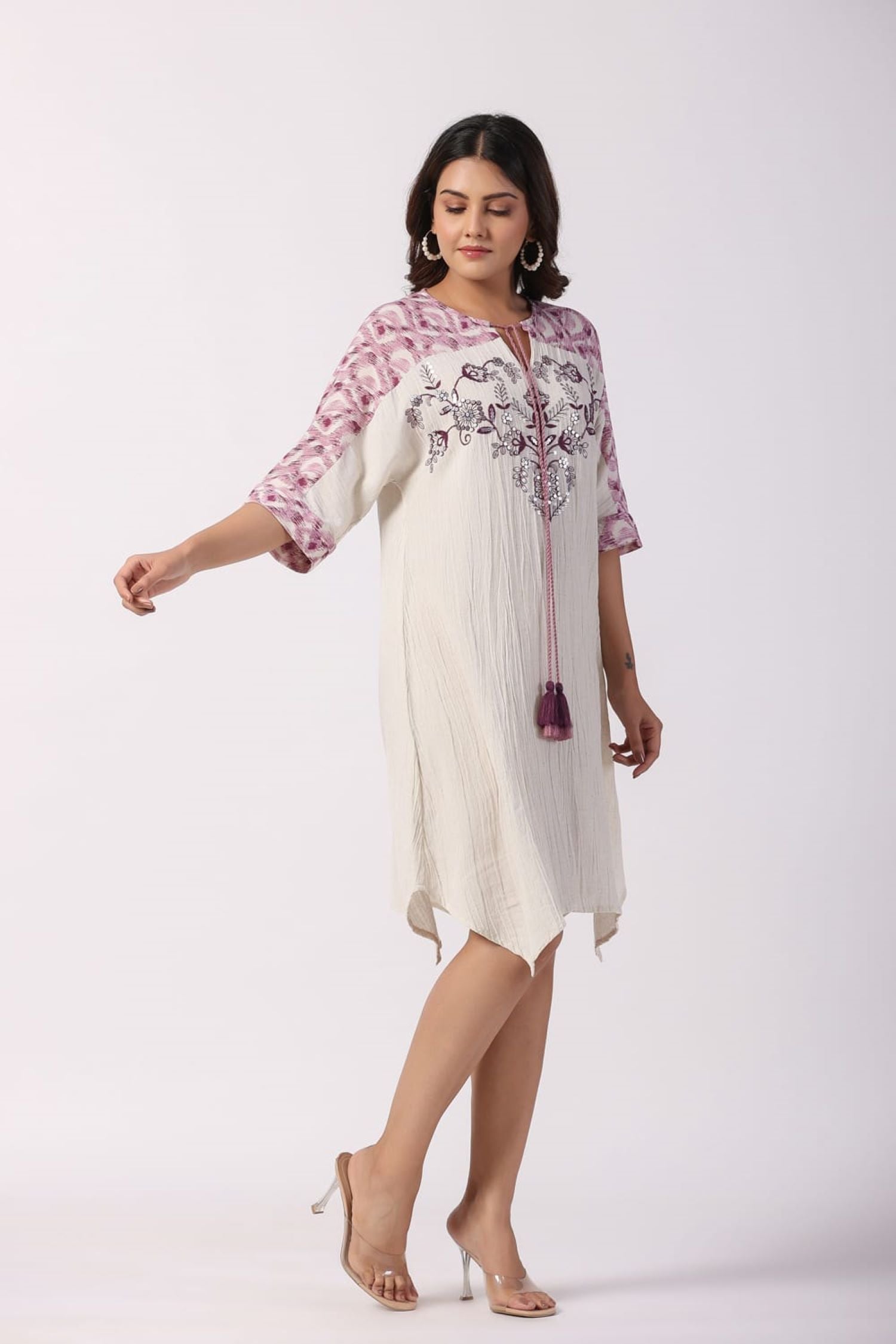 Boho Chic A-line Purple Embroidered Floral Short Tunic Dress image 4
