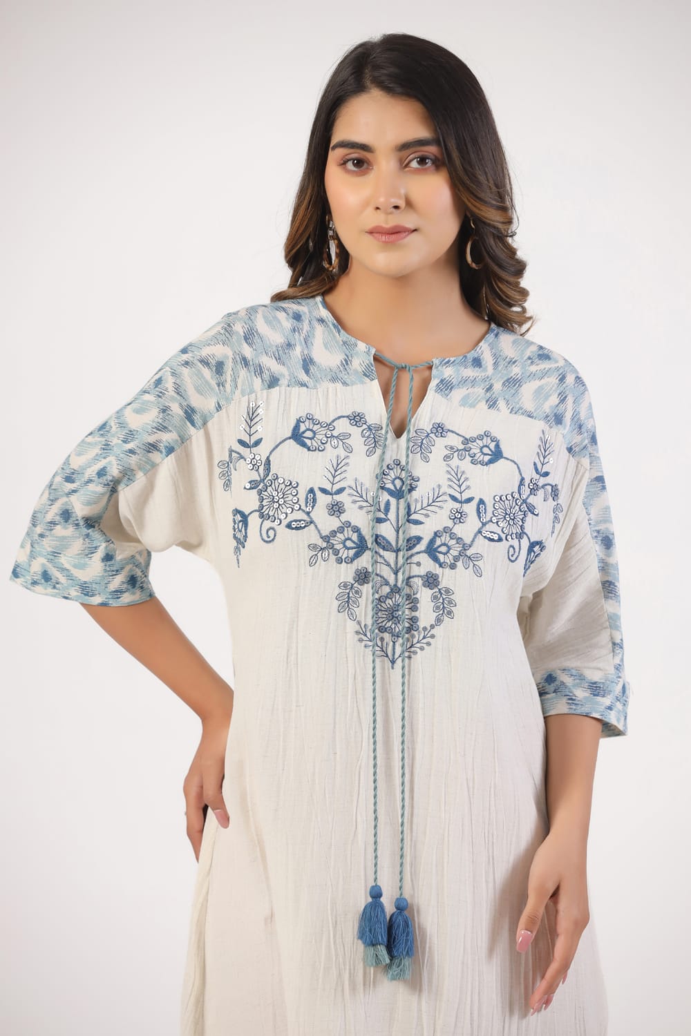 Boho Chic A-line Blue Embroidered Floral Short Tunic Dress image 4