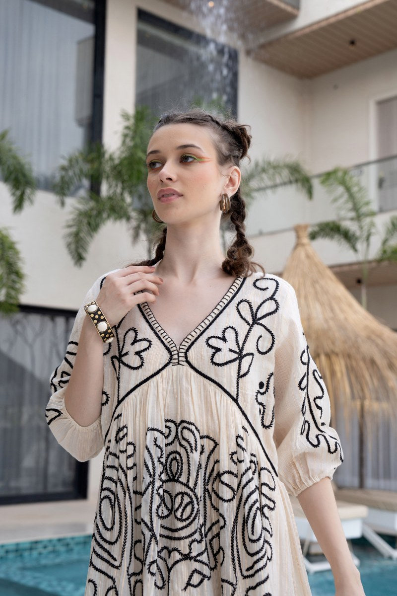 Off-white Black Embroidered Boho Short Tunic Dress image 4