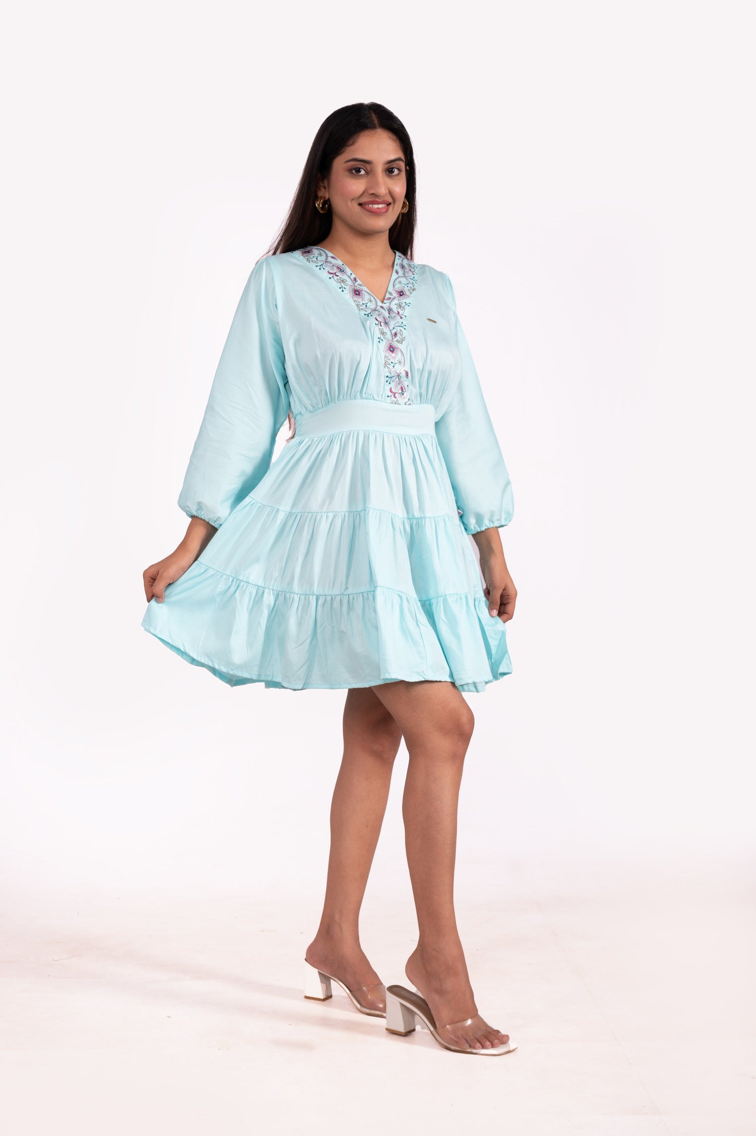 Gazi Silk V Neck Embroidered Tunics - Sea Green image 4