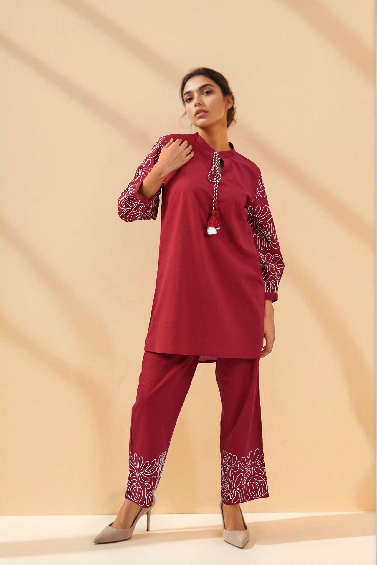 Solid Red Cord Set With Sleeve & Bottom Detail image 4