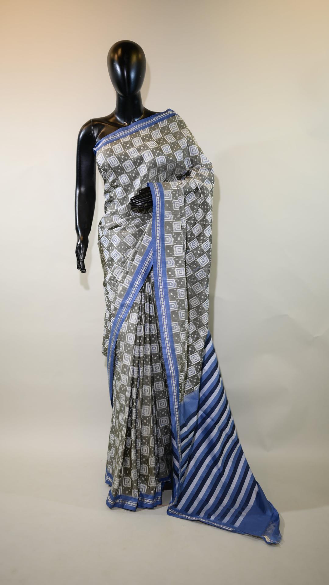 Dark Grey & Blue Mulberry Silk Pochampally Ikat Saree
