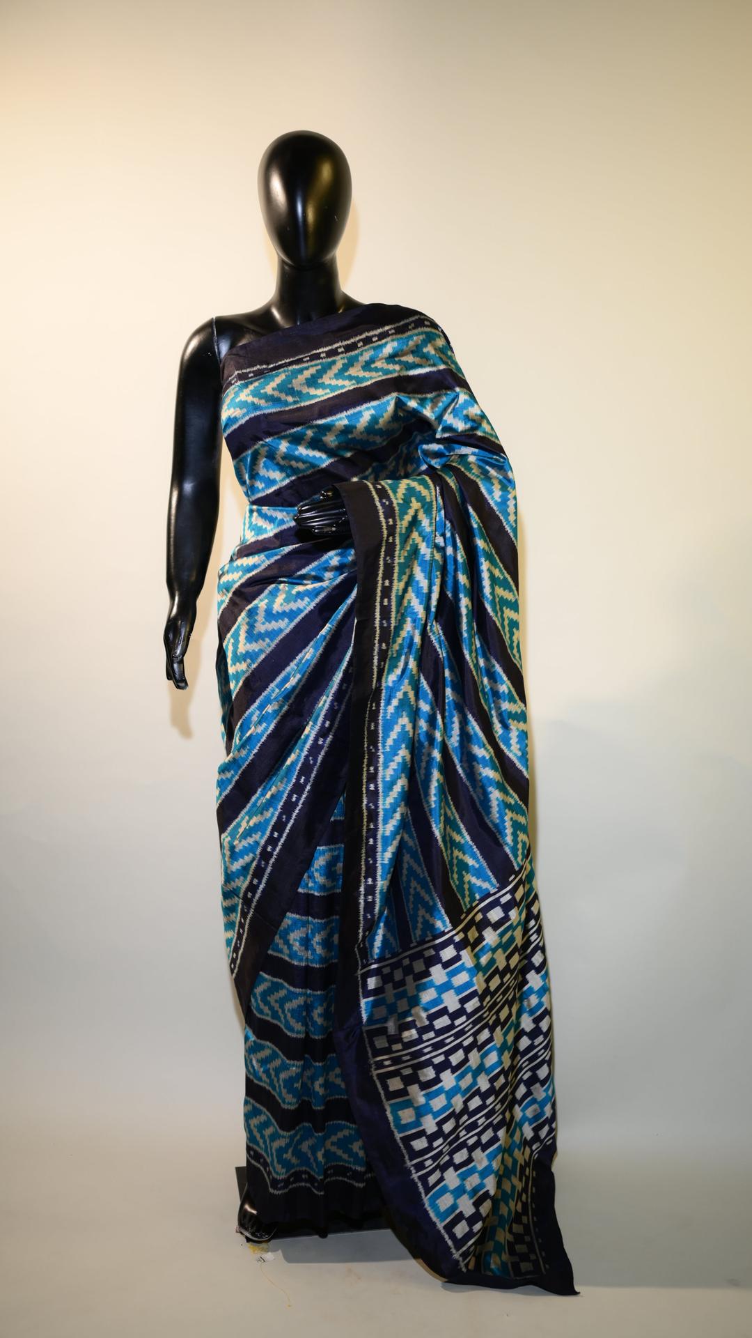 Bibhu Mohapatra Blue Mulberry Silk Odisha Geometric Ikat Saree