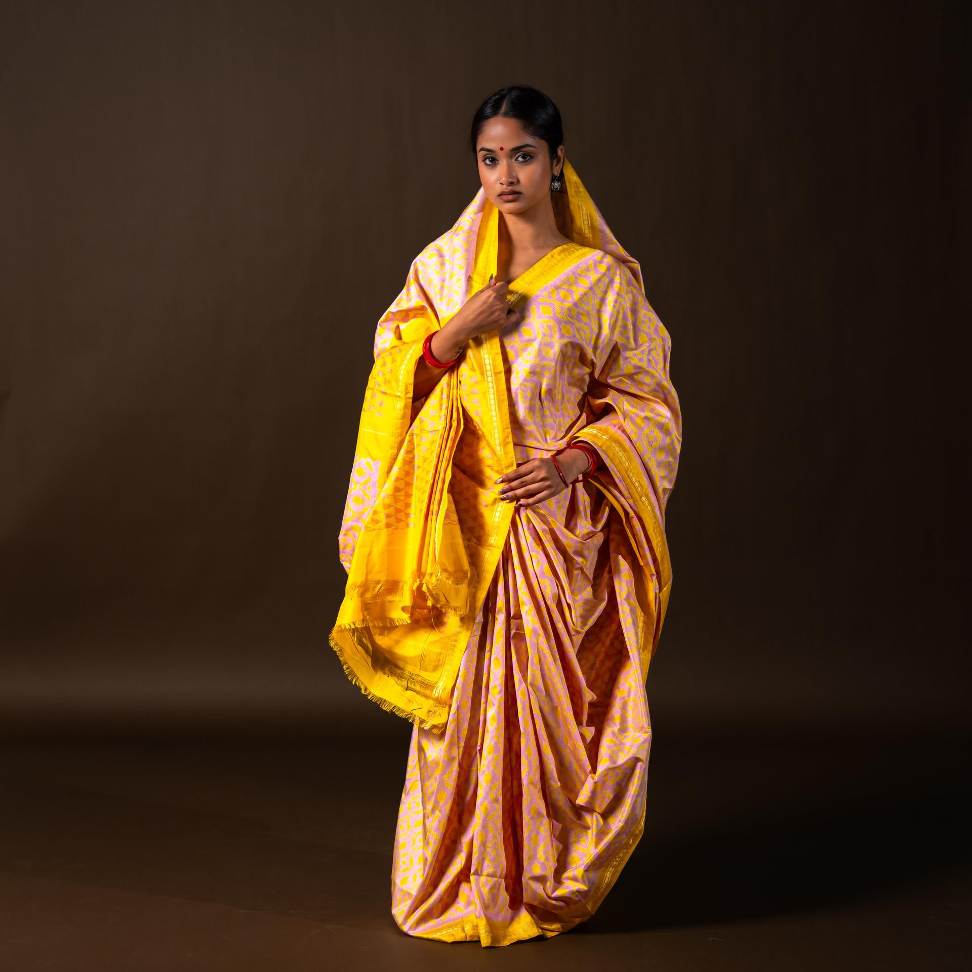 Bibhu Mohapatra Yellow & Pink Mulberry Silk Pochampally Ikat Saree