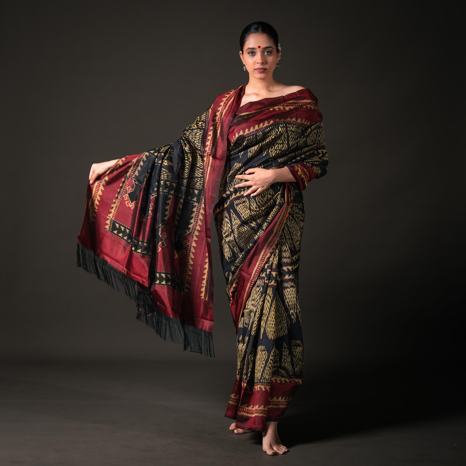 Poonam Bhagat Black & Maroon Mulberry Silk Gujarat Ikat Saree