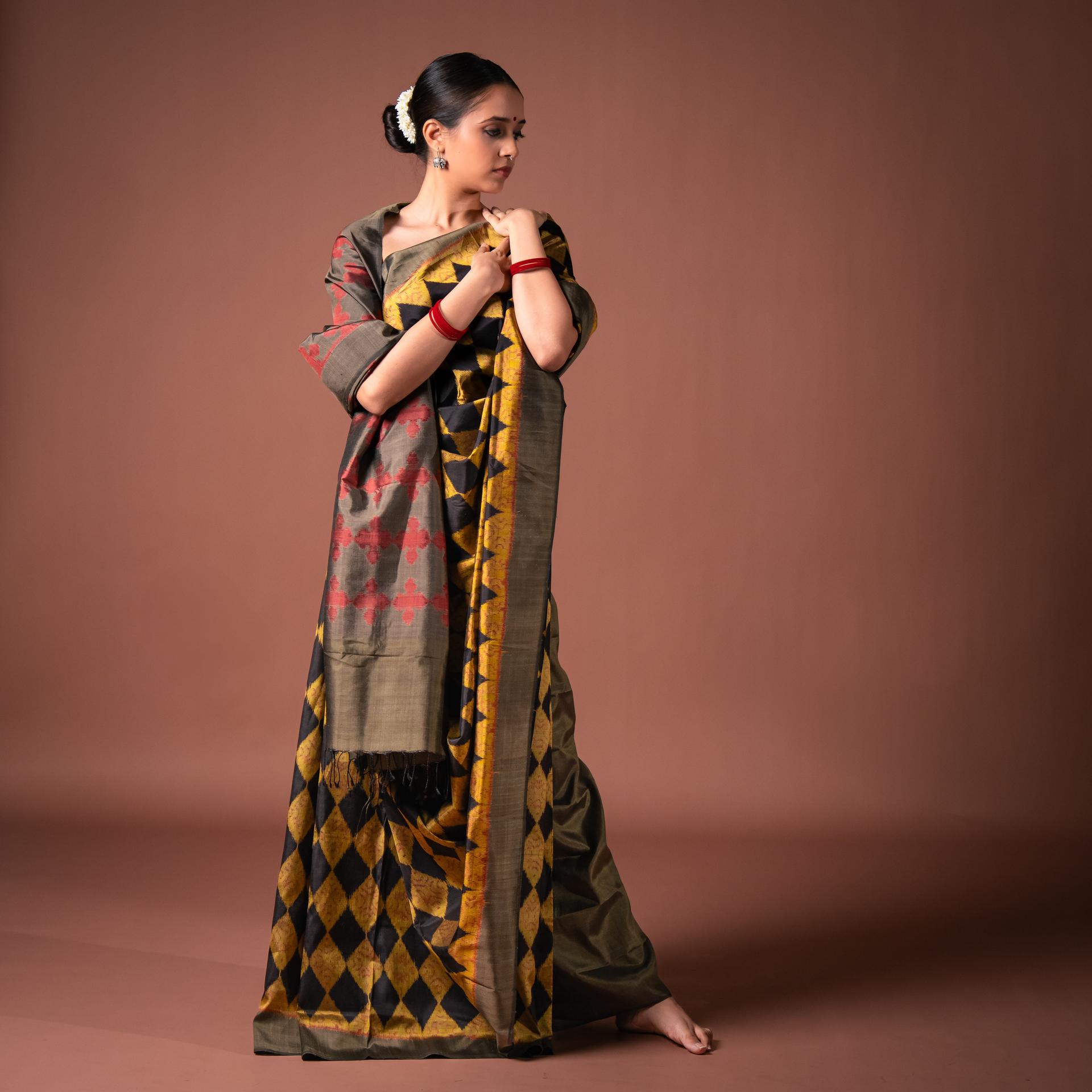 Bibhu Mohapatra Golden & Black Mulberry Silk Odisha Ikat Saree