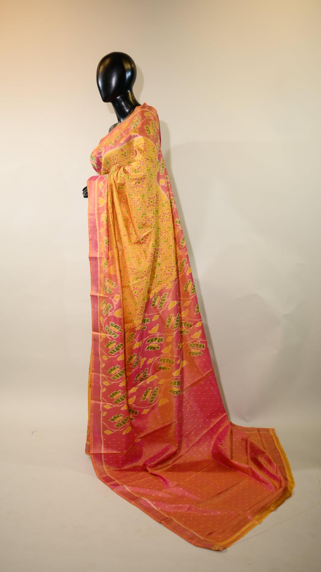 Mustard Yellow & Pink Mulberry Silk Patola Ikat Saree image 2