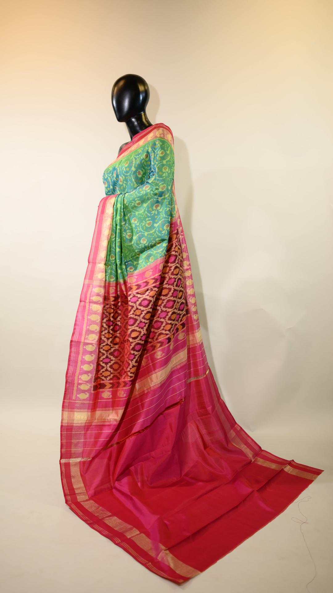 Dual Tone Green & Pink Mulberry Silk Patola Ikat Saree image 2