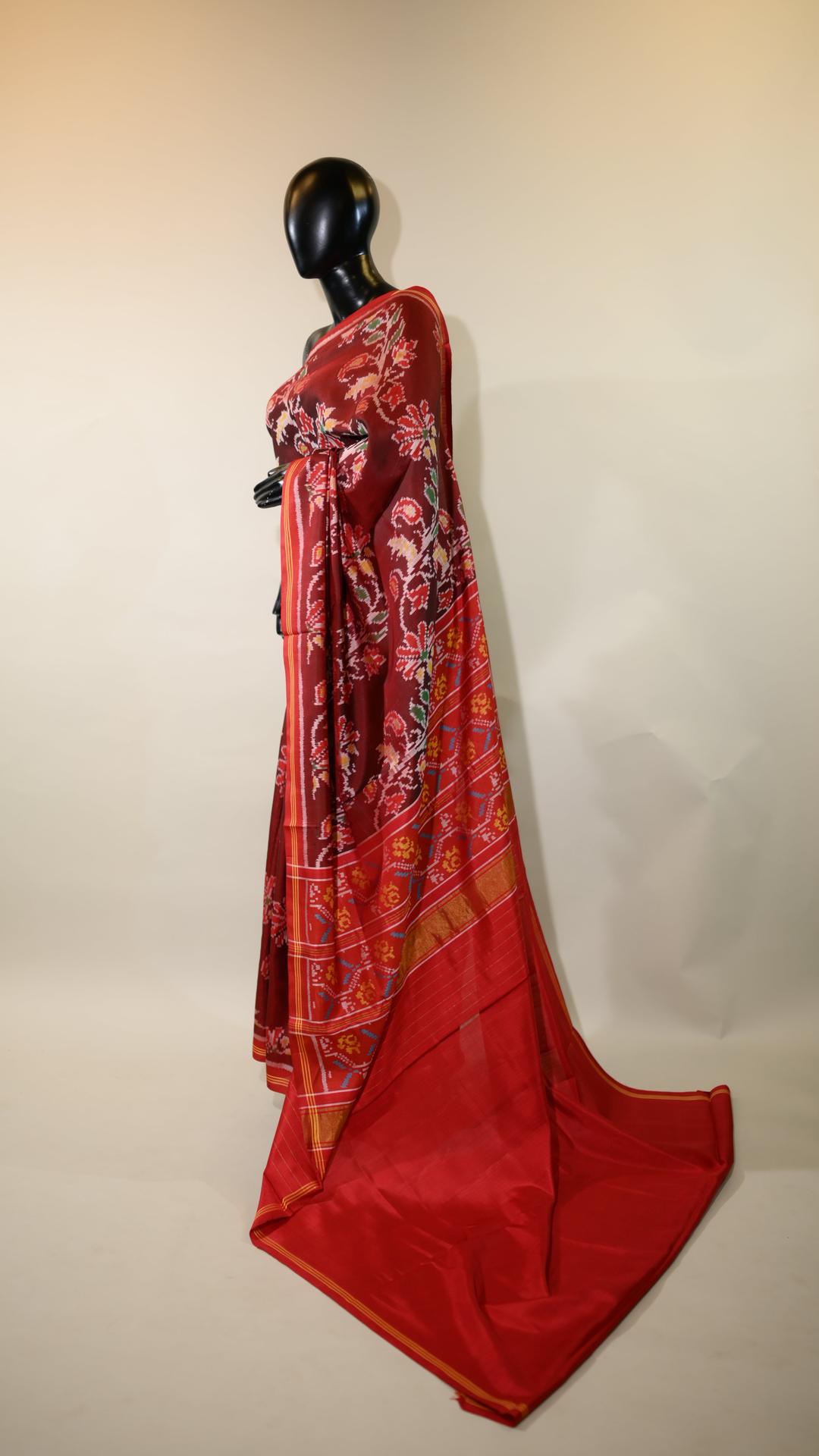 Maroon & Red Mulberry Silk Patola Ikat Saree image 2