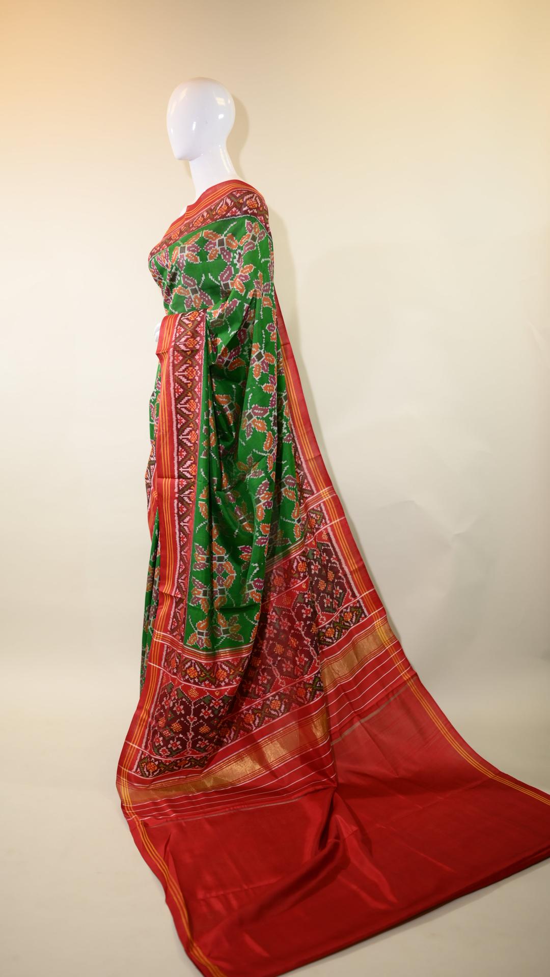 Maroon & Leaf Green Mulberry Silk Patola Ikat Saree image 2