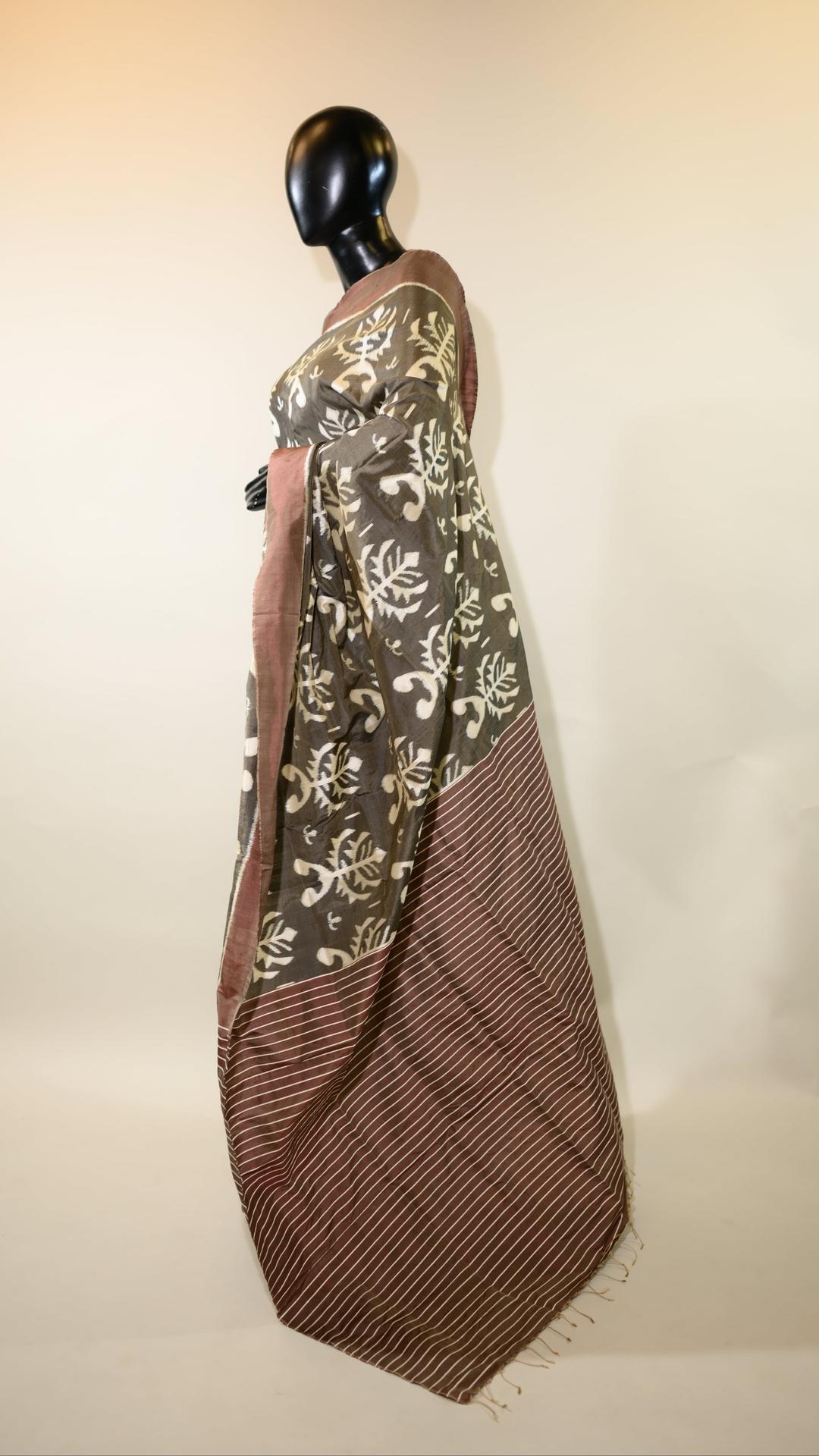 Warm Grey Mulberry Silk Odisha Ikat Sarees image 2
