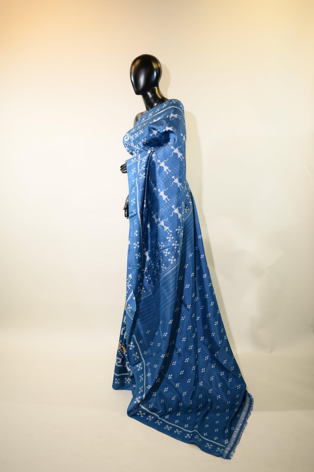 Blue & Yellow Mulberry Silk Odisha Ikat Saree image 2