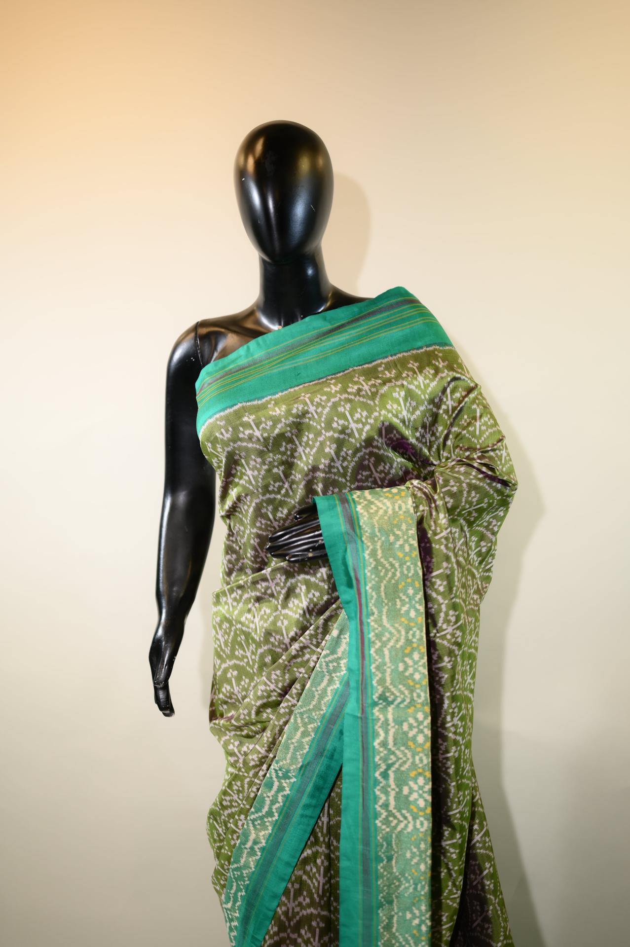 Sage Green & Peacock Green Mulberry Silk Patola Ikat Saree image 2