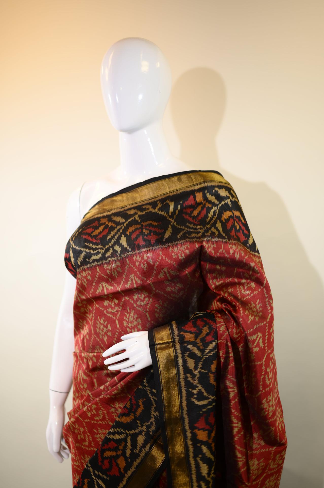Maroon & Golden Mulberry Silk Patola Ikat Saree image 2