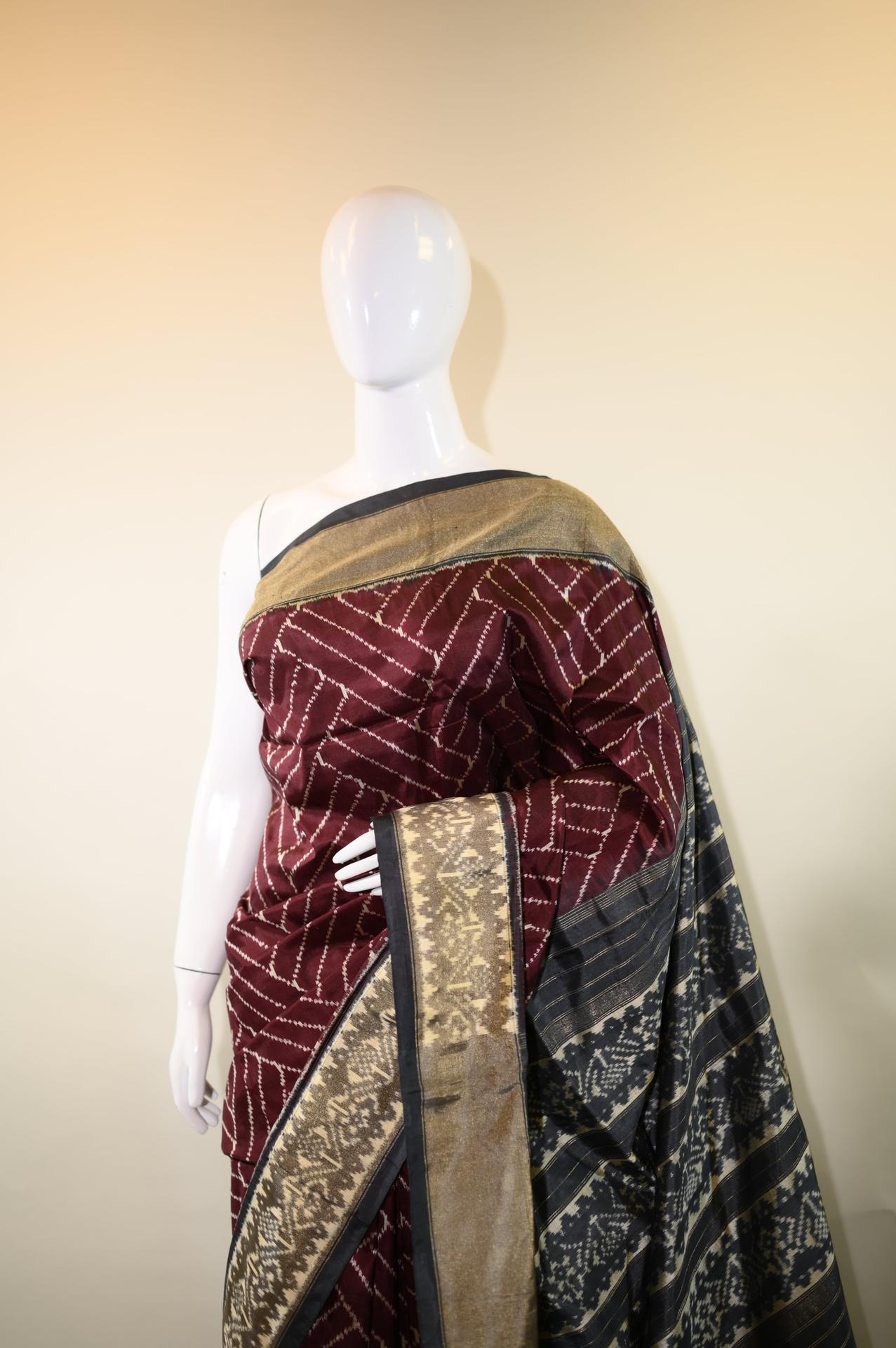 Dark Burgundy & Dark Grey Mulberry Silk Pochampally Ikat image 2