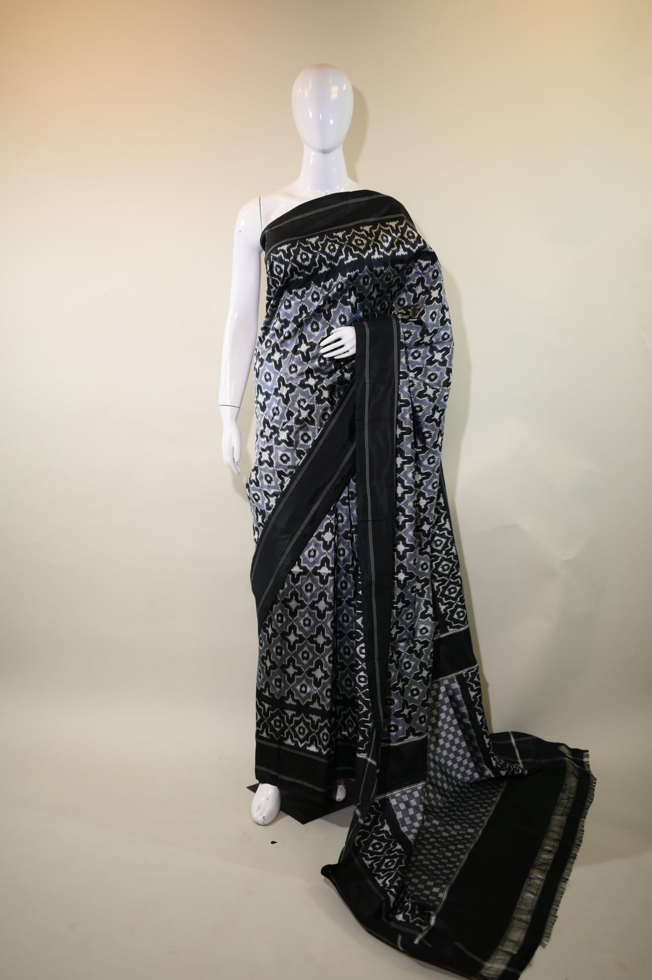 Grey & Navy Blue Mulberry Silk Pochampally Ikat Saree image 2