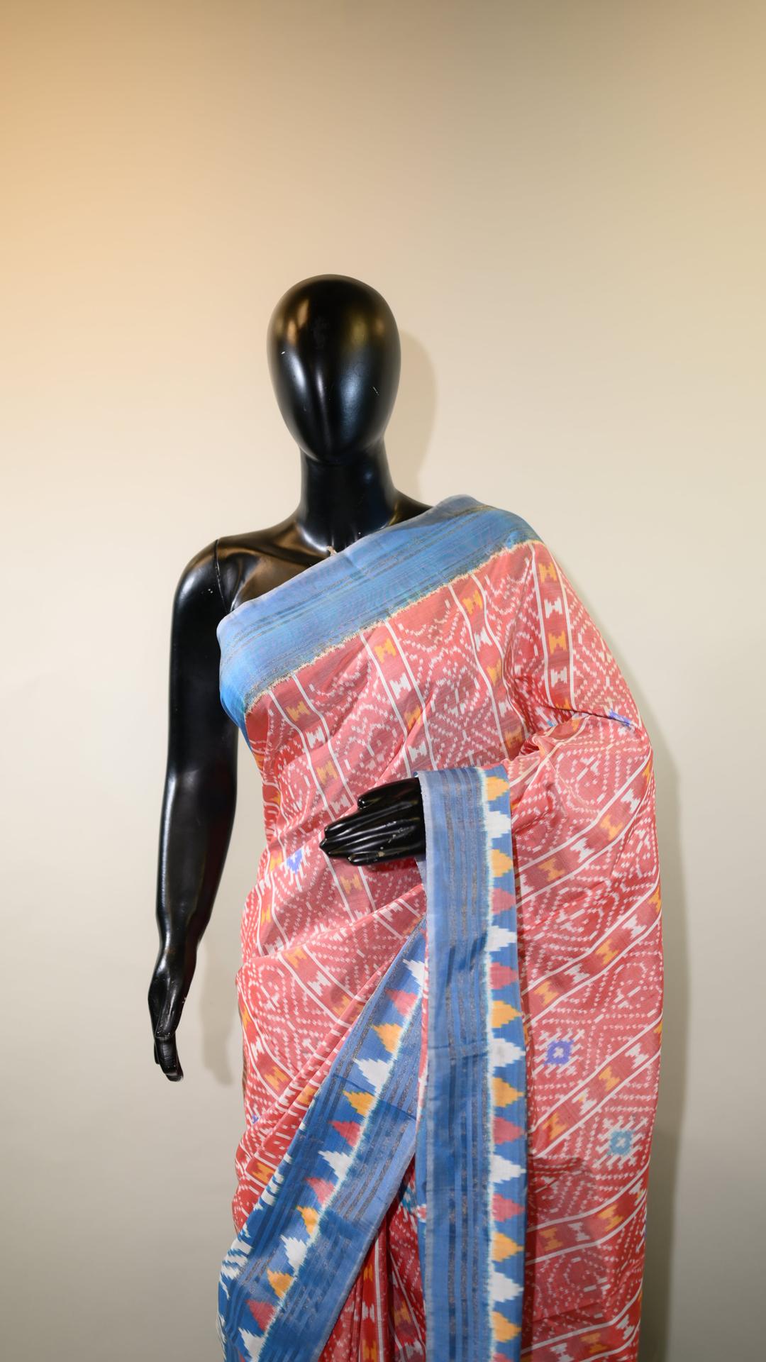 Brick Red & Light Blue Mulberry Silk Pochampally Ikat Saree image 2