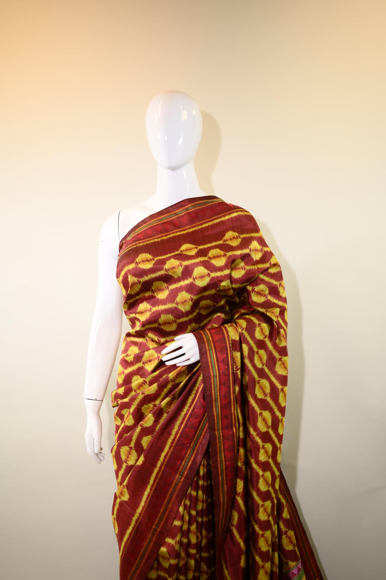 Maroon & Orangish Yellow Mulberry Silk Odisha Ikat Saree image 2