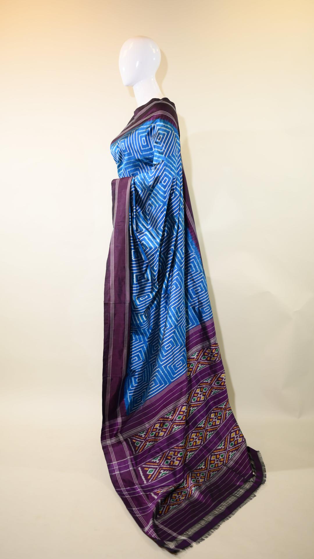 Electric Blue & Indigo Mulberry Silk Pochampally Ikat Saree image 2