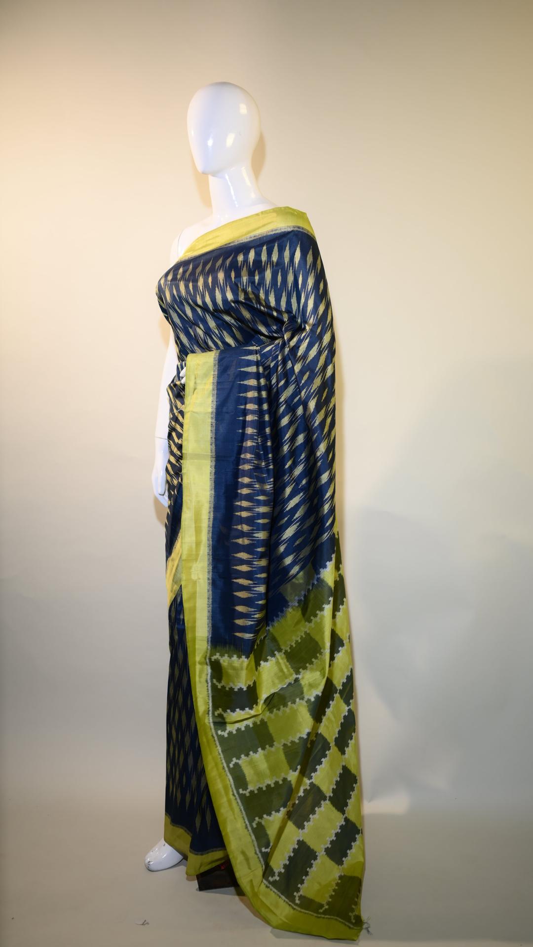 Bibhu Mohapatra Navy Blue & Lime Green Mulberry Silk Odisha Ikat Saree image 2