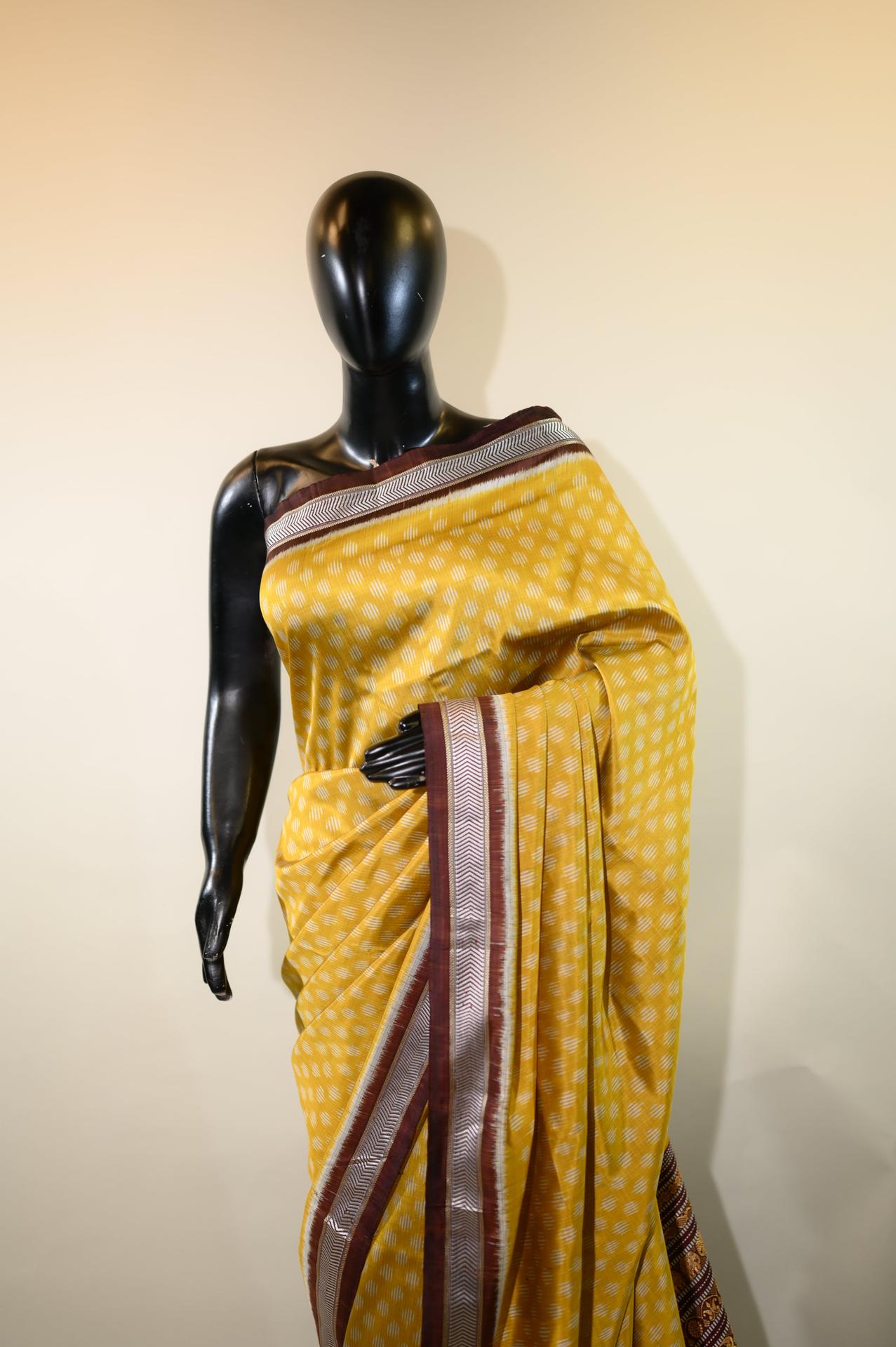 Dark Yellow & Brown Mulberry Silk Odisha Ikat Saree image 2