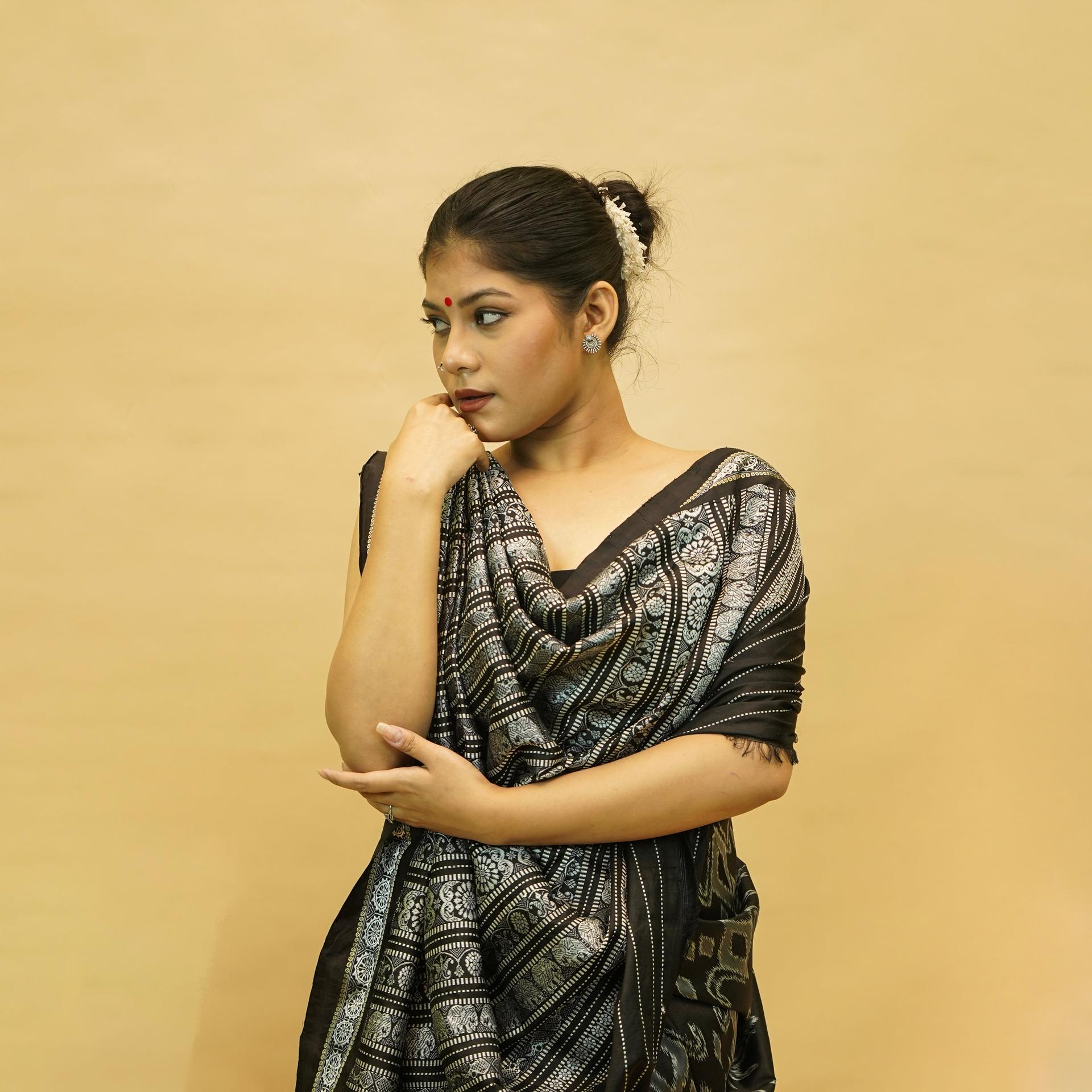 Black & Grey Mulberry Silk Odisha Ikat Saree With Chakra Border image 2