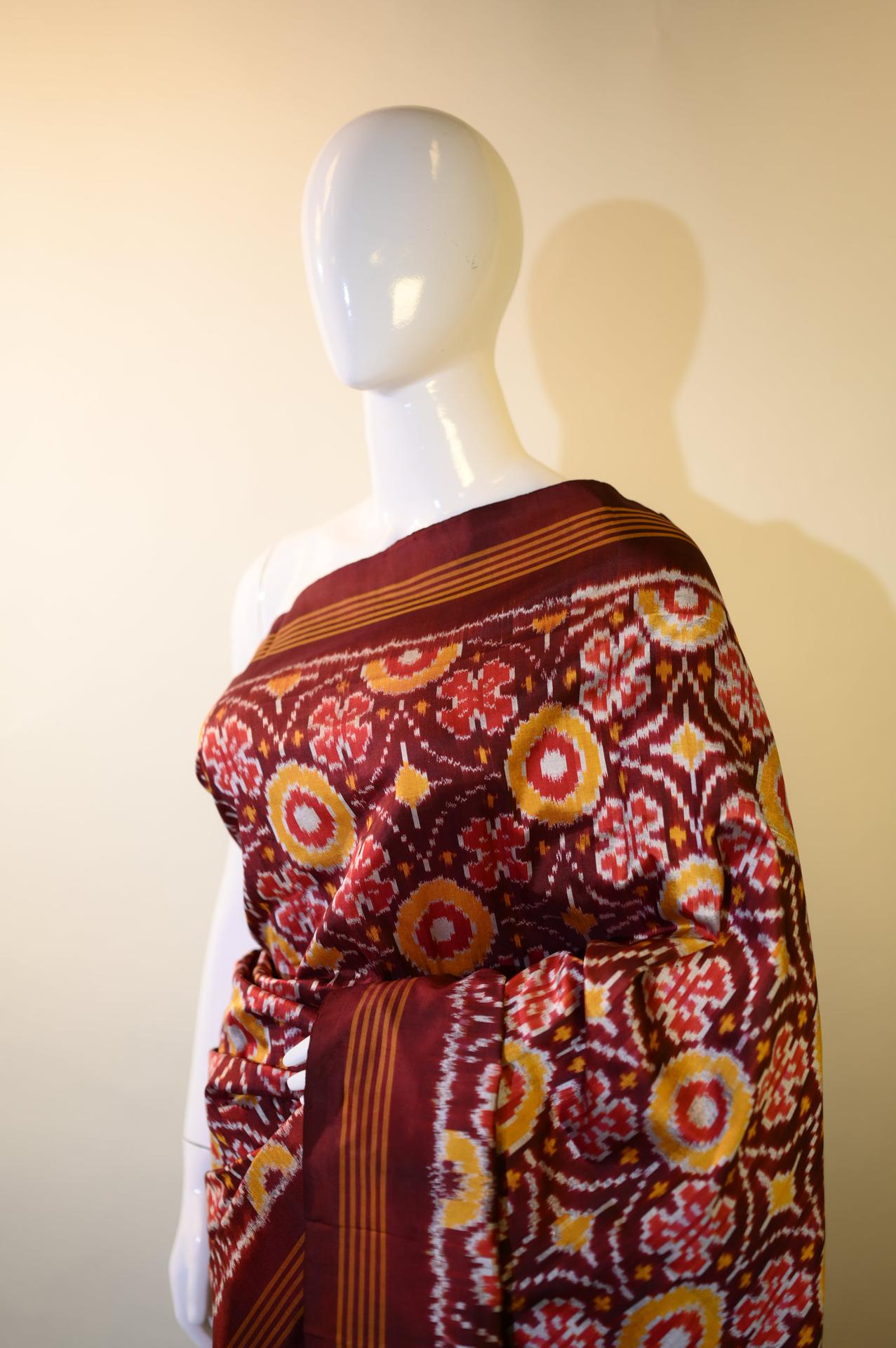 Maroon & Yellow Mulberry Silk Pochampally Ikat Saree image 2
