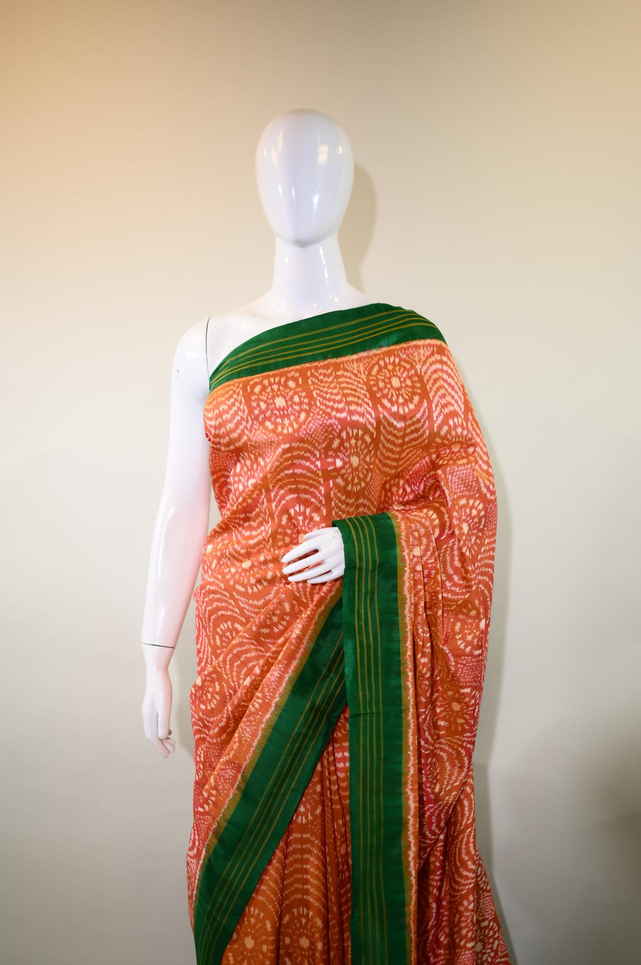 Rust Orange & Green Mulberry Silk Pochampally Ikat Saree image 2