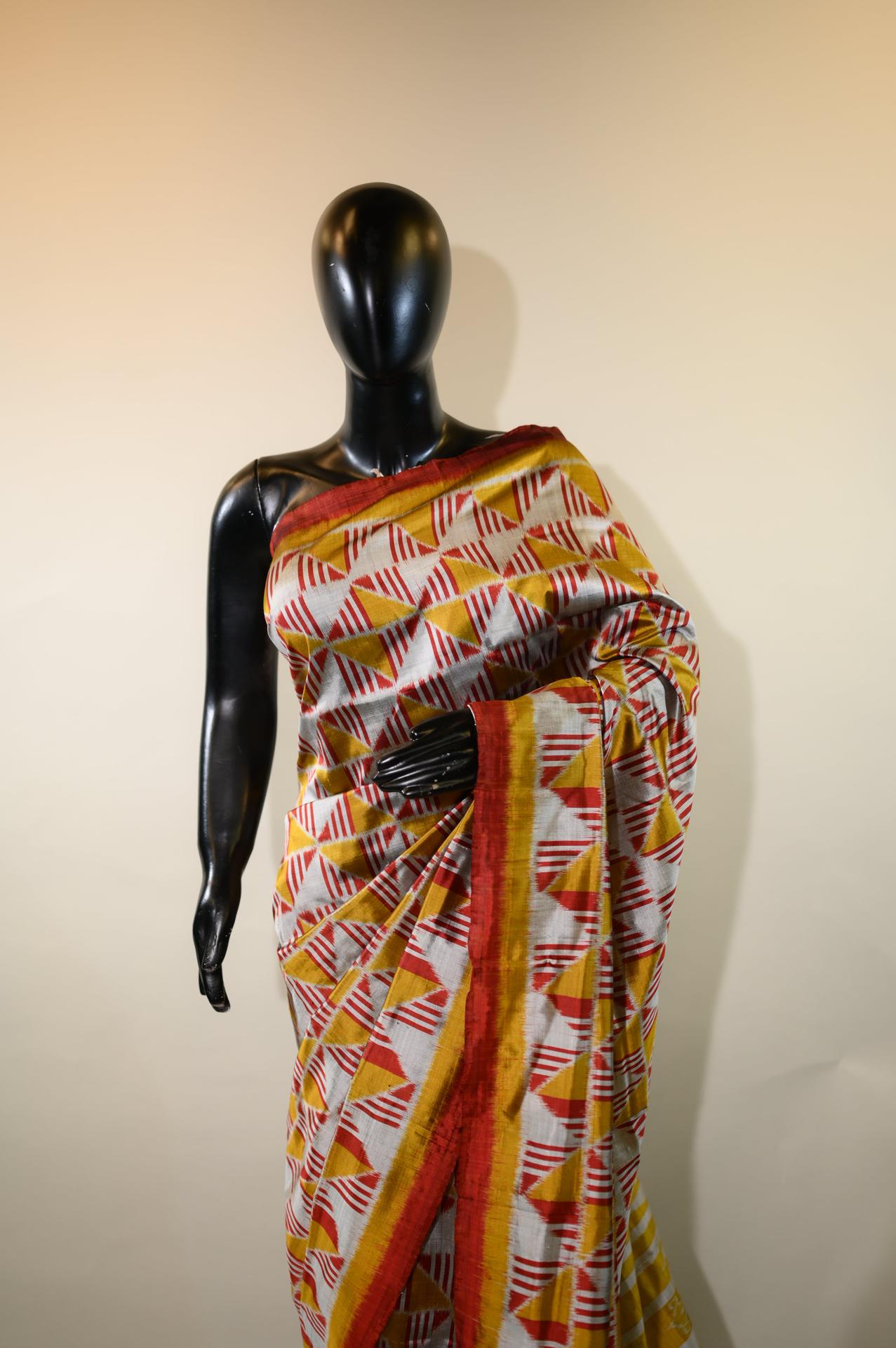 Golden & Silver With Red Mulberry Silk Odisha Ikat Saree image 2