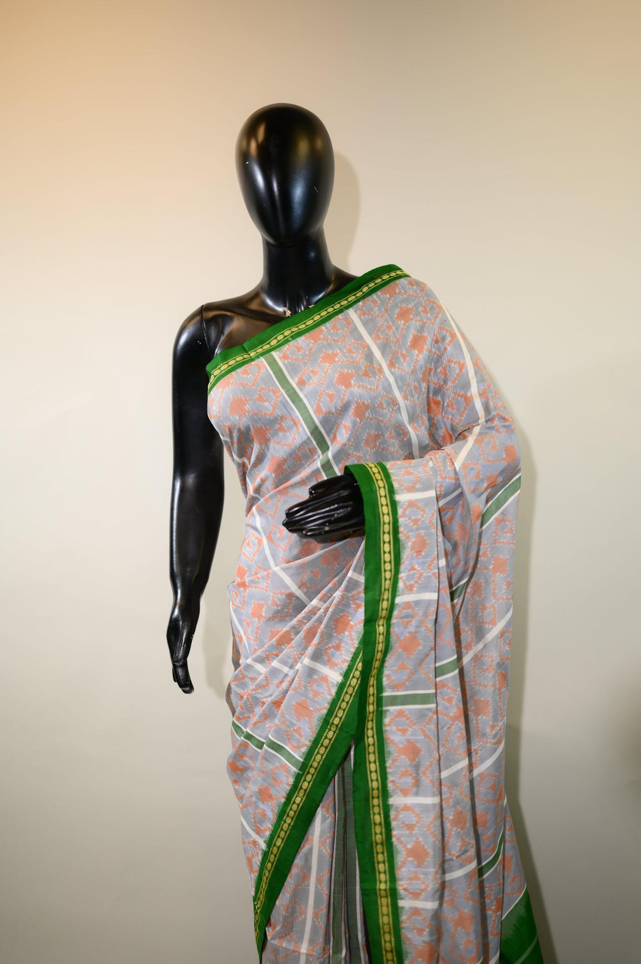 Grey & Green Mulberry Silk Pochampally Ikat Saree image 2