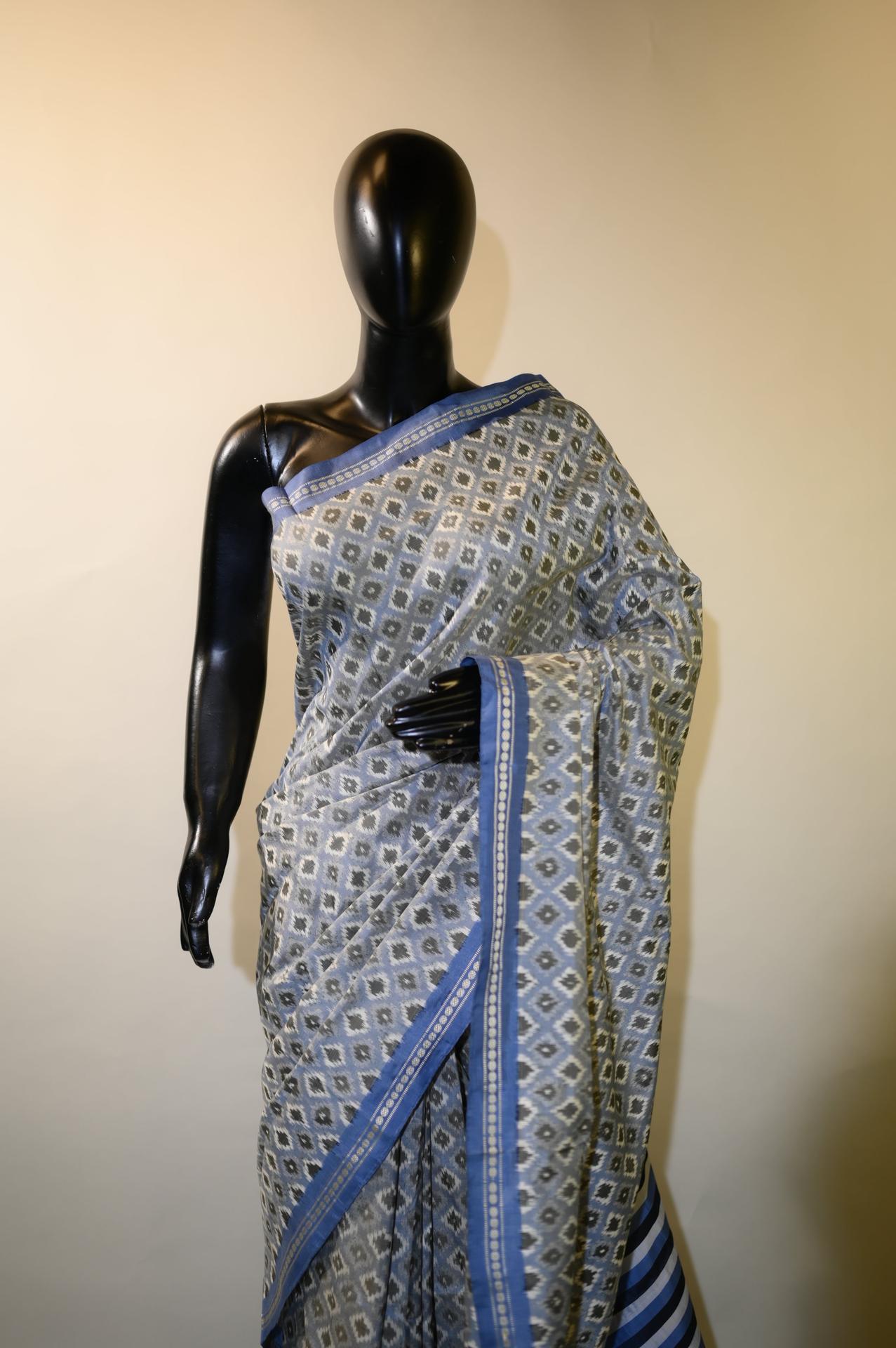 Bluish Grey & White Mulberry Silk Pochampally Ikat Saree image 2