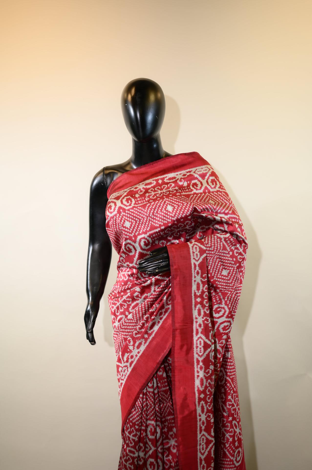 Maroon & Silver Mulberry Silk Odisha Ikat Saree image 2