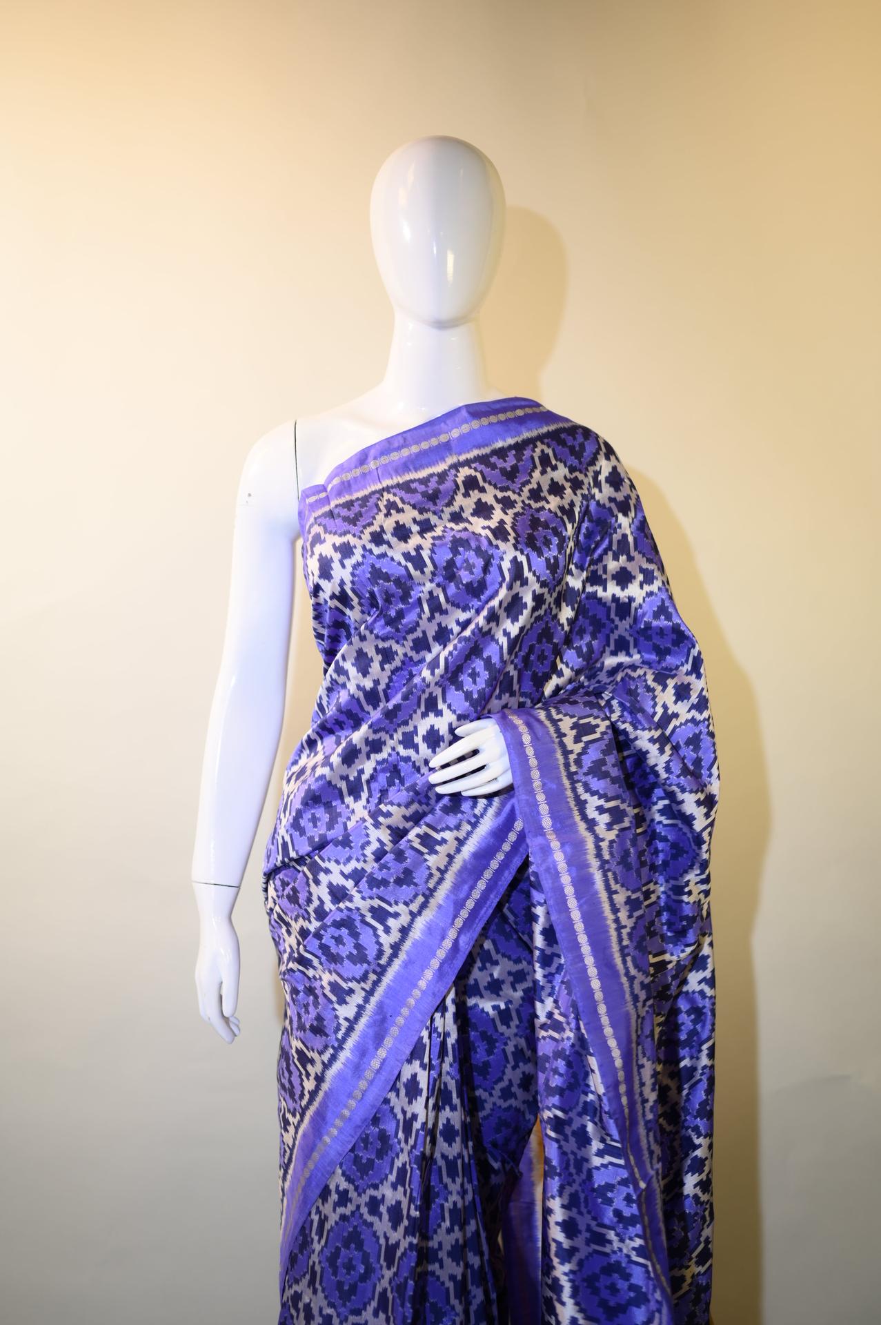 Iris Purple & Yellow Mulberry Silk Pochampally Ikat Saree image 2