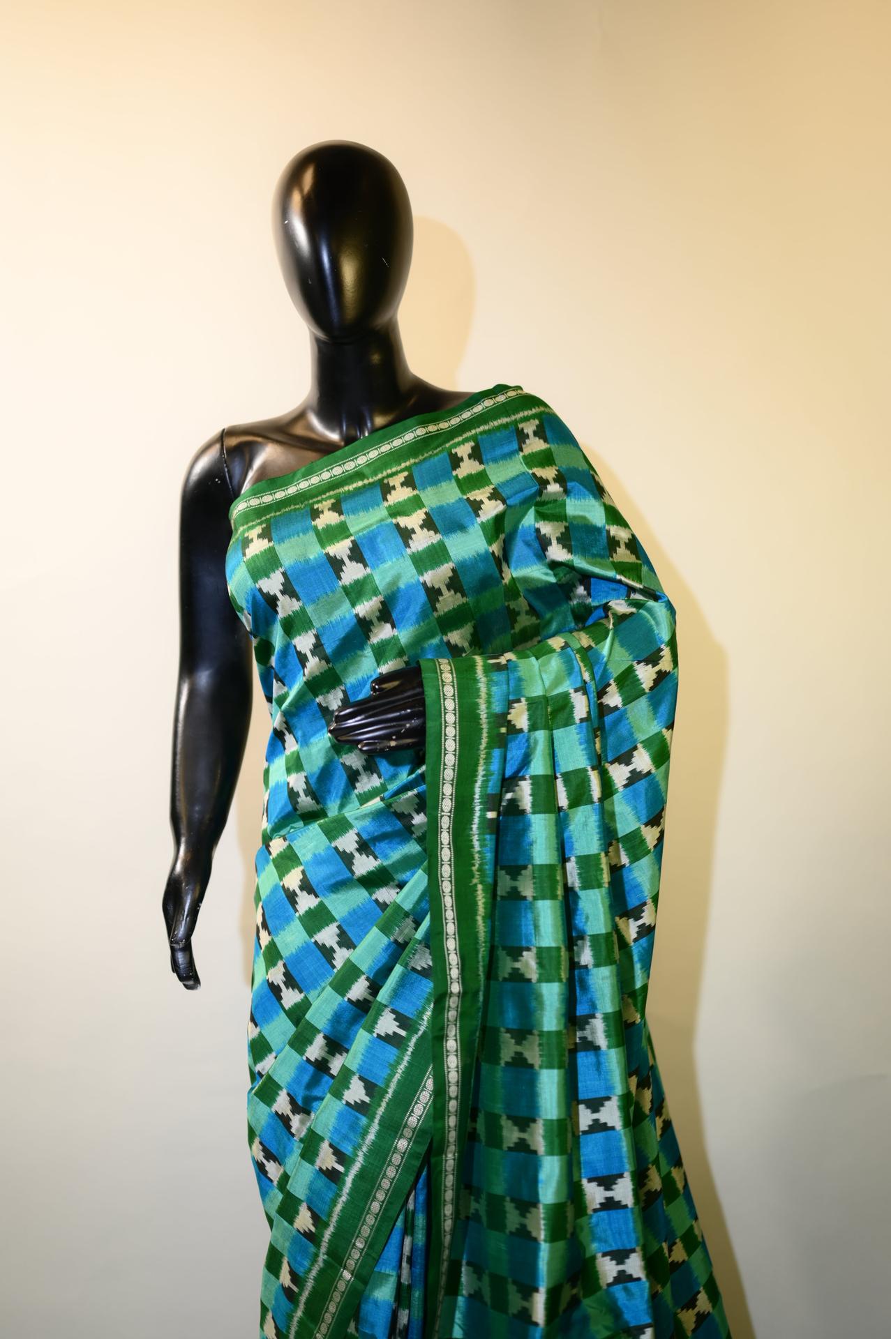 Aqua Blue & Green Mulberry Silk Pochampally Ikat Saree image 2