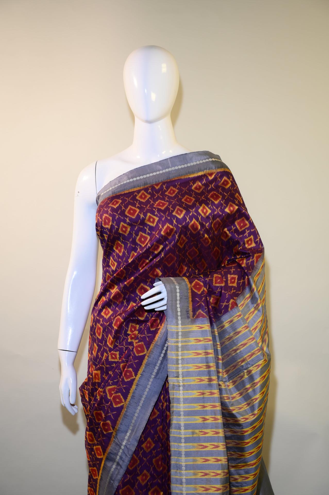 Bibhu Mohapatra Dark Purple & Orange Mulberry Silk Odisha Ikat Saree image 2