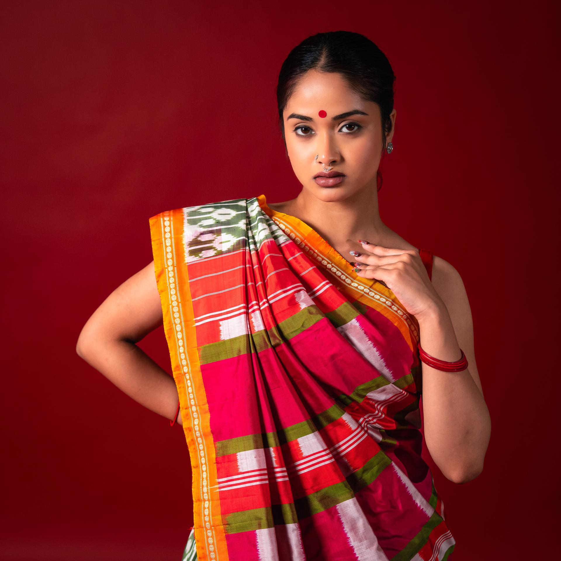Sage Green & Dark Pink Mulberry Silk Pochampally Ikat Saree image 2