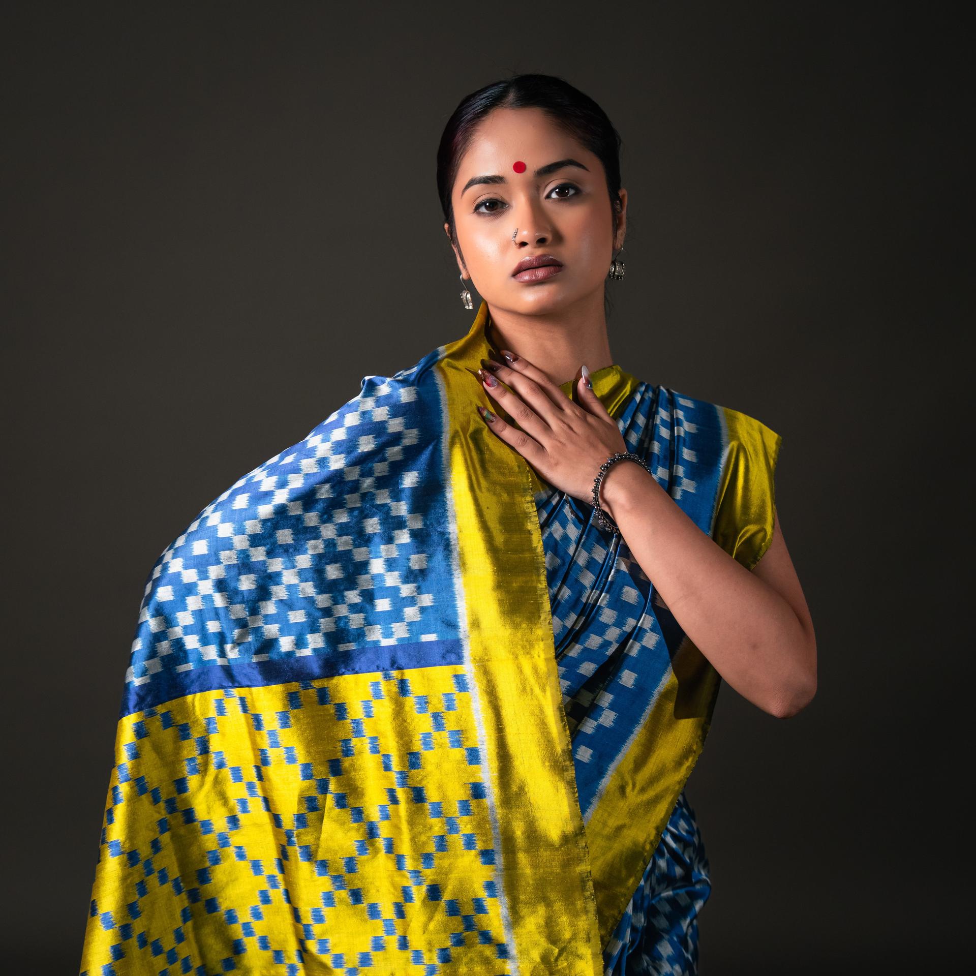 Blue & Yellow Mulberry Silk Odisha Ikat Saree image 2