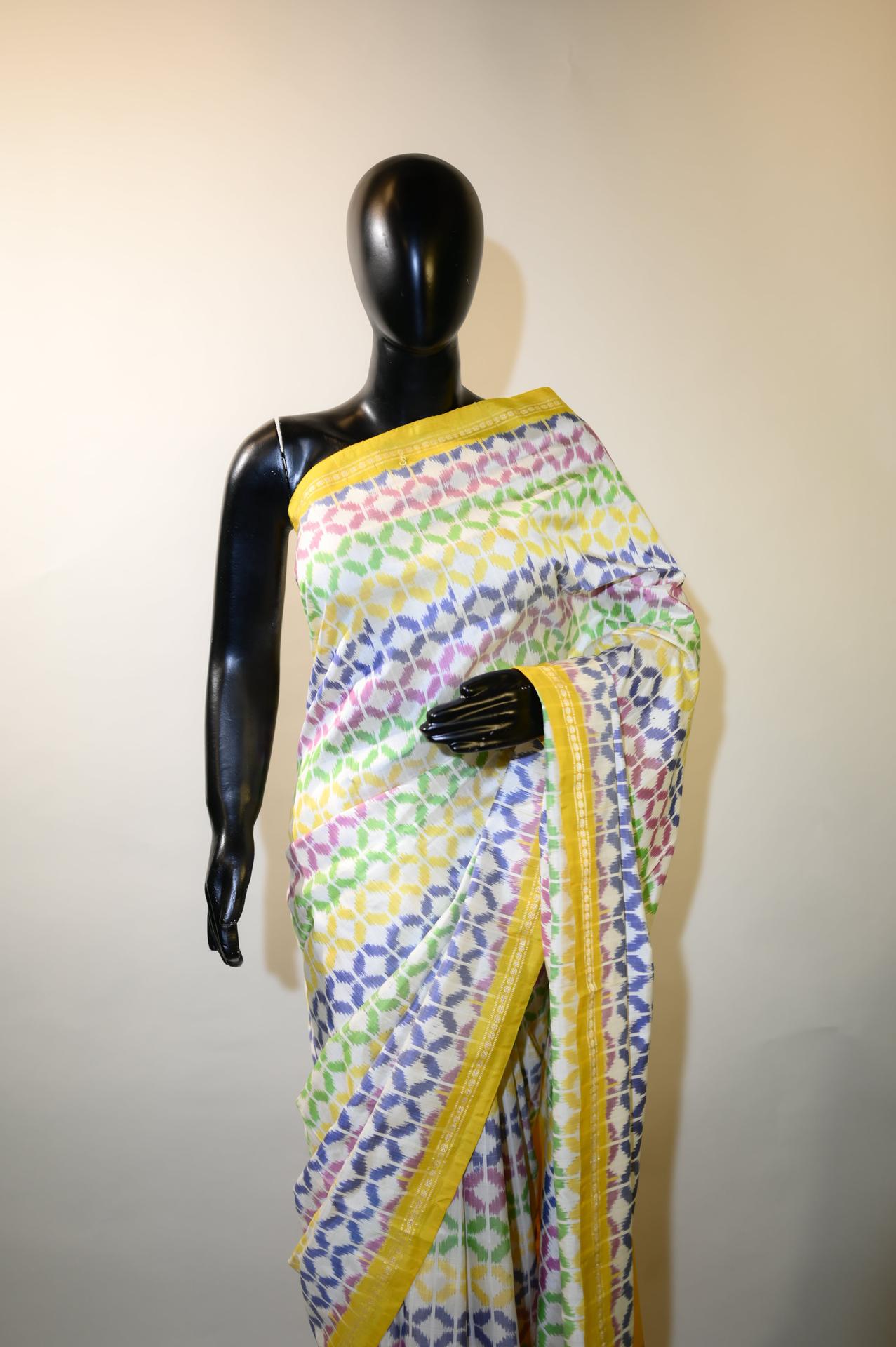 Bibhu Mohapatra Yellow & White Mulberry Silk Pochampally Ikat Saree image 2