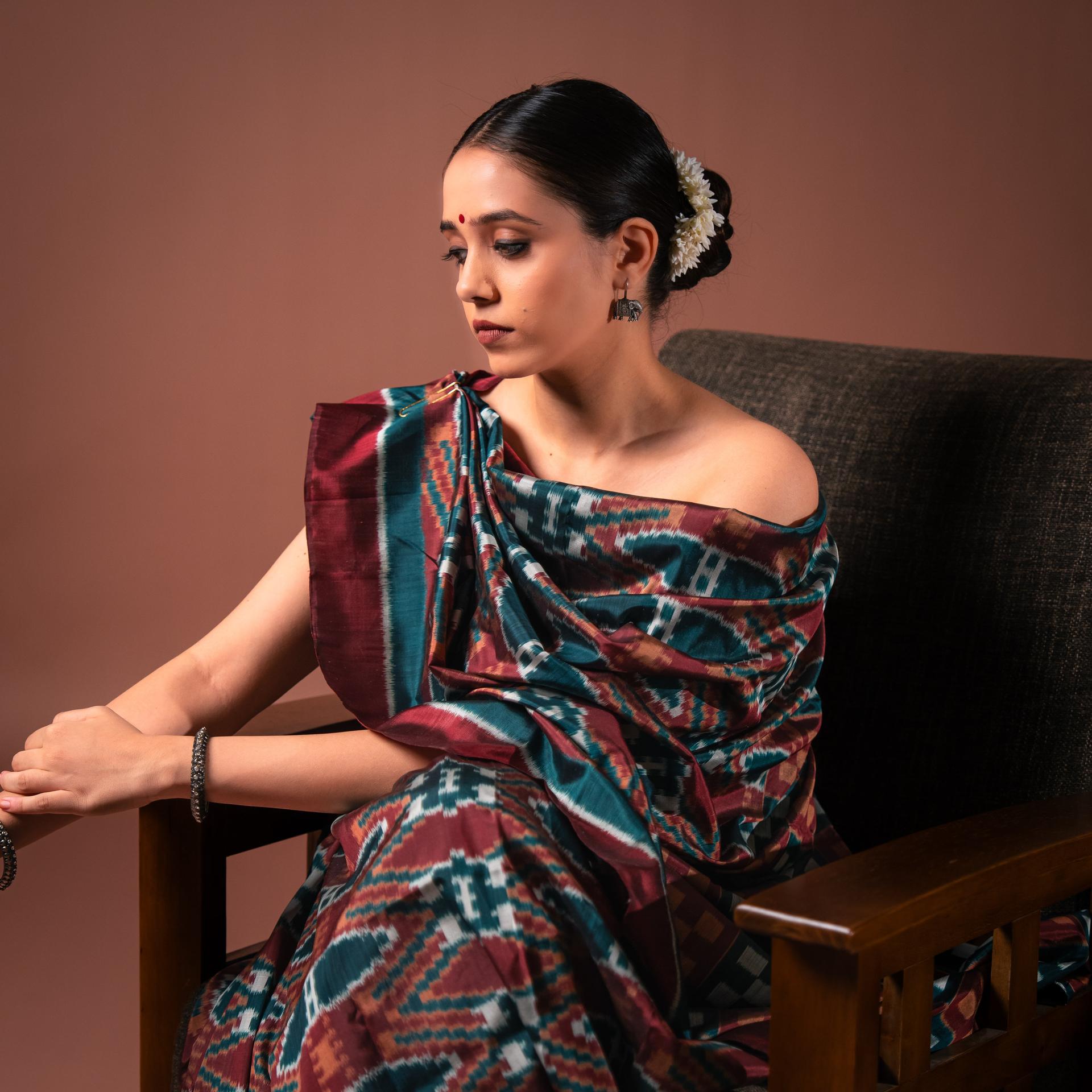 Bibhu Mohapatra Maroon & Blue Mulberry Silk Odisha Ikat Saree image 2