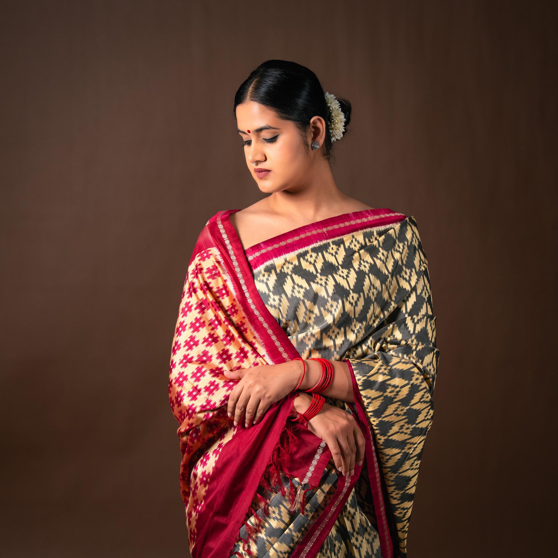 Bibhu Mohapatra Grey & Red Mulberry Silk Pochampally Ikat Saree image 2