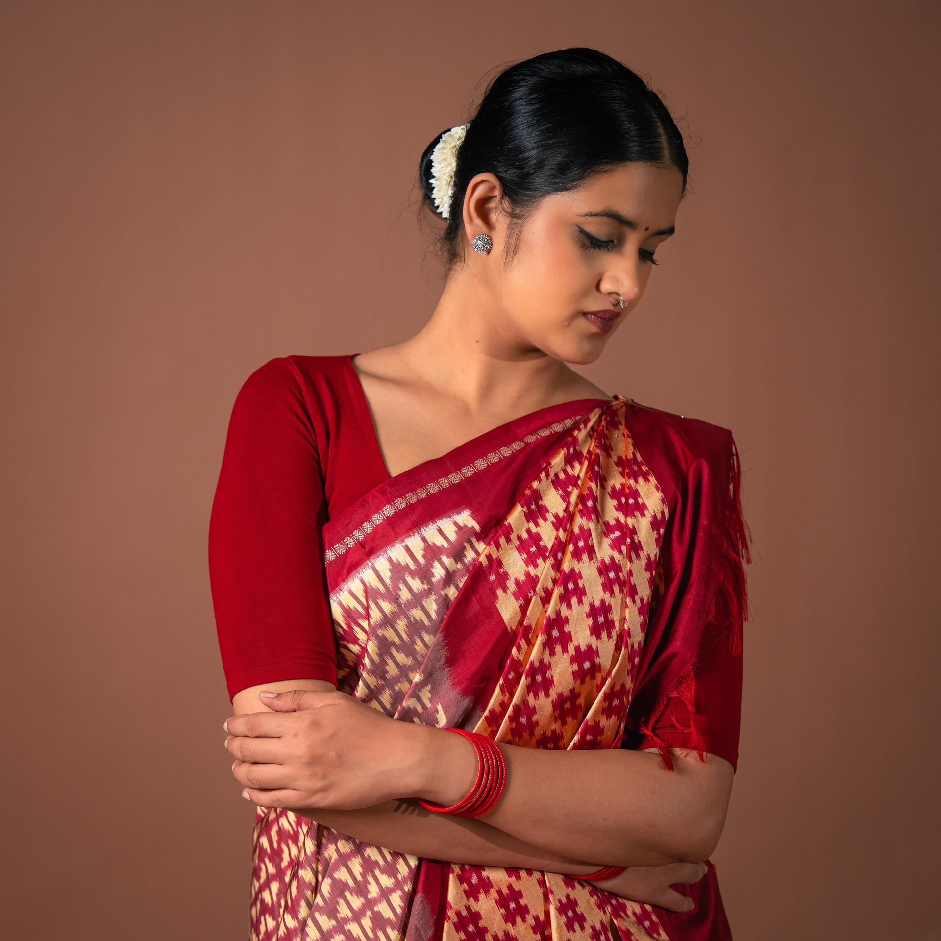 Bibhu Mohapatra Red & Light Yellow Mulberry Silk Pochampally Ikat Saree image 2