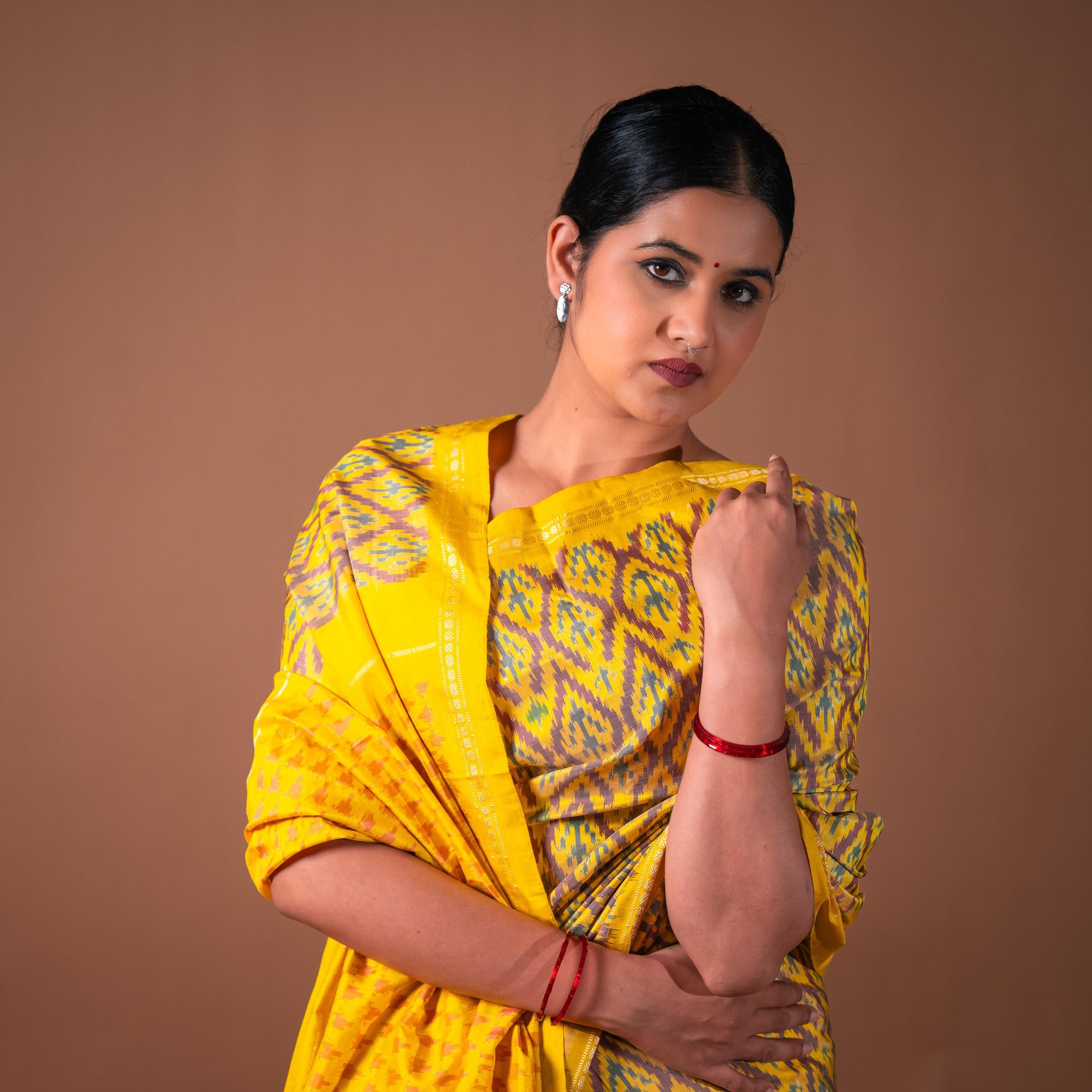 Bibhu Mohapatra Yellow & Brown Mulberry Silk Pochampally Ikat Saree image 2