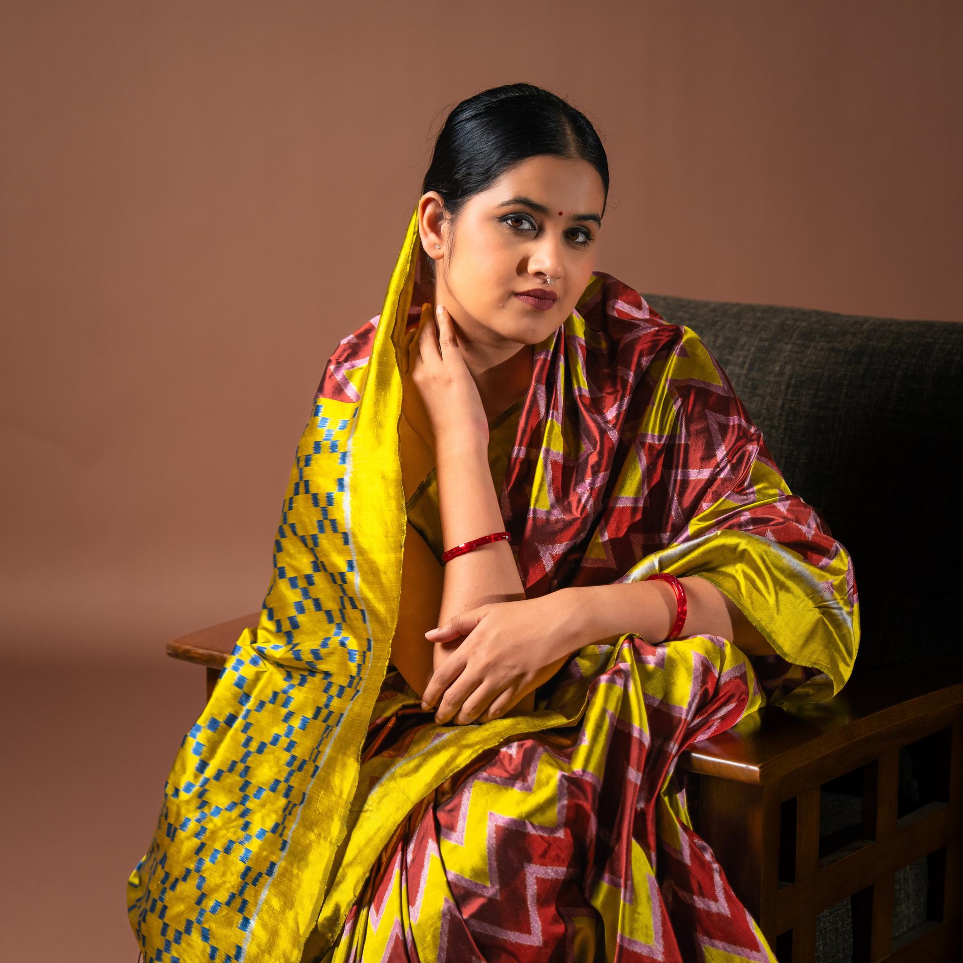 Yellow And Brown Mulberry Silk Chevron Motif Odisha Ikat Saree image 2